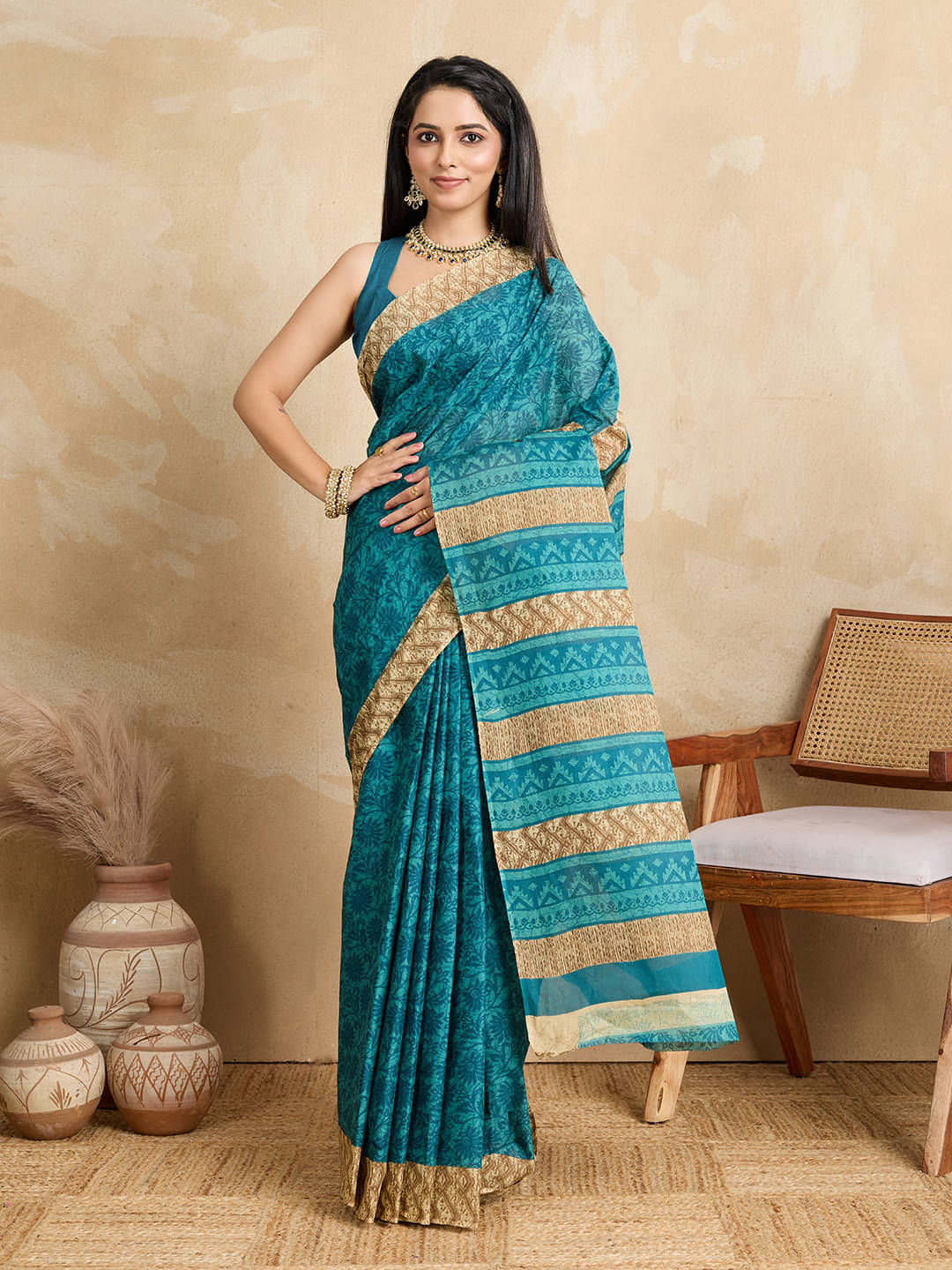 SHANVIKA Cotton Printed Saree Without Blouse Piece ( Teal ) SHANVIKA Cotton Printed Saree Without Blouse Piece ( Teal )