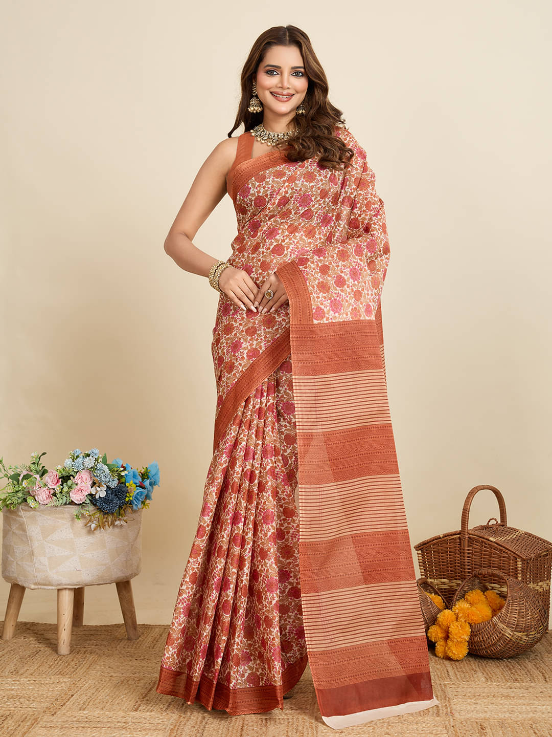 SHANVIKA Cotton Printed Saree Without Blouse Piece ( Cream ) SHANVIKA Cotton Printed Saree Without Blouse Piece ( Cream )