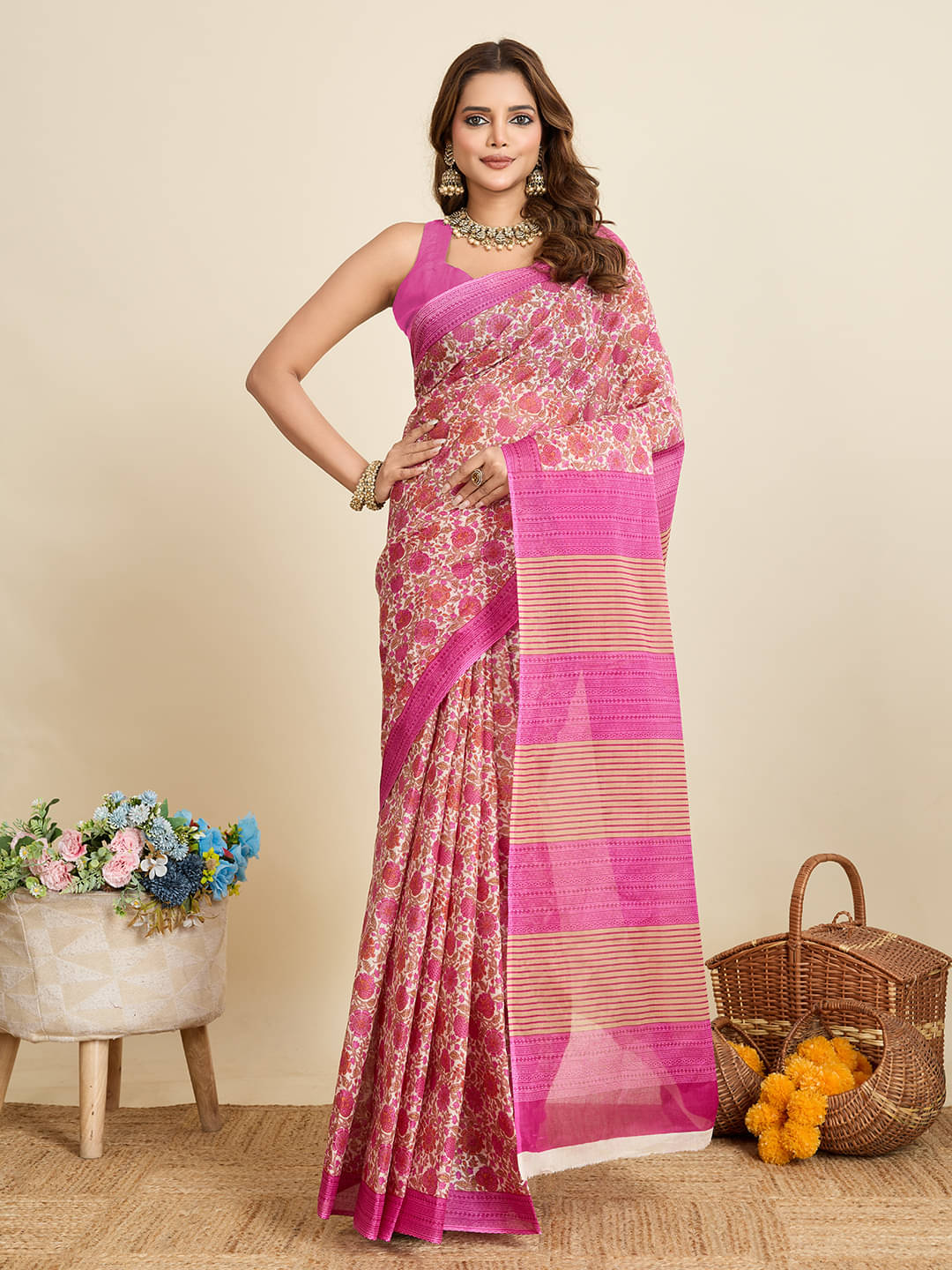     			SHANVIKA Cotton Printed Saree Without Blouse Piece ( Cream )