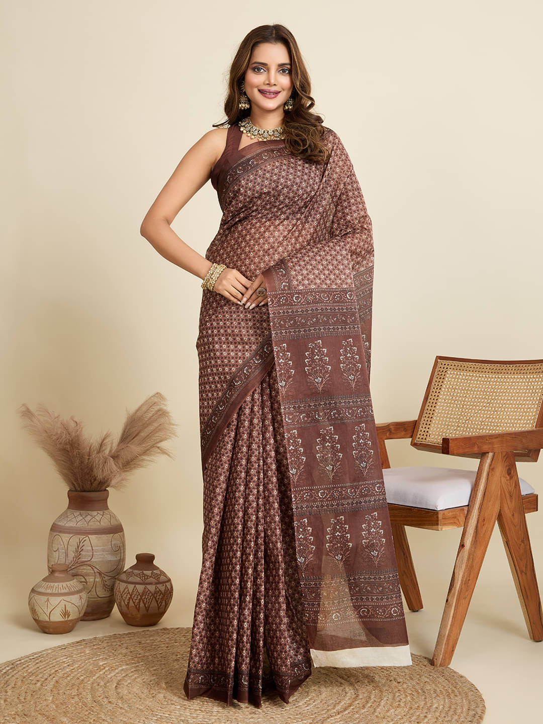     			SHANVIKA Cotton Printed Saree Without Blouse Piece ( Brown )