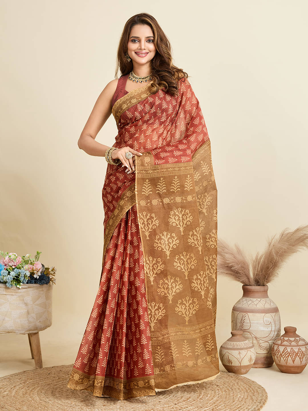 SHANVIKA Cotton Printed Saree Without Blouse Piece ( Rust ) SHANVIKA Cotton Printed Saree Without Blouse Piece ( Rust )