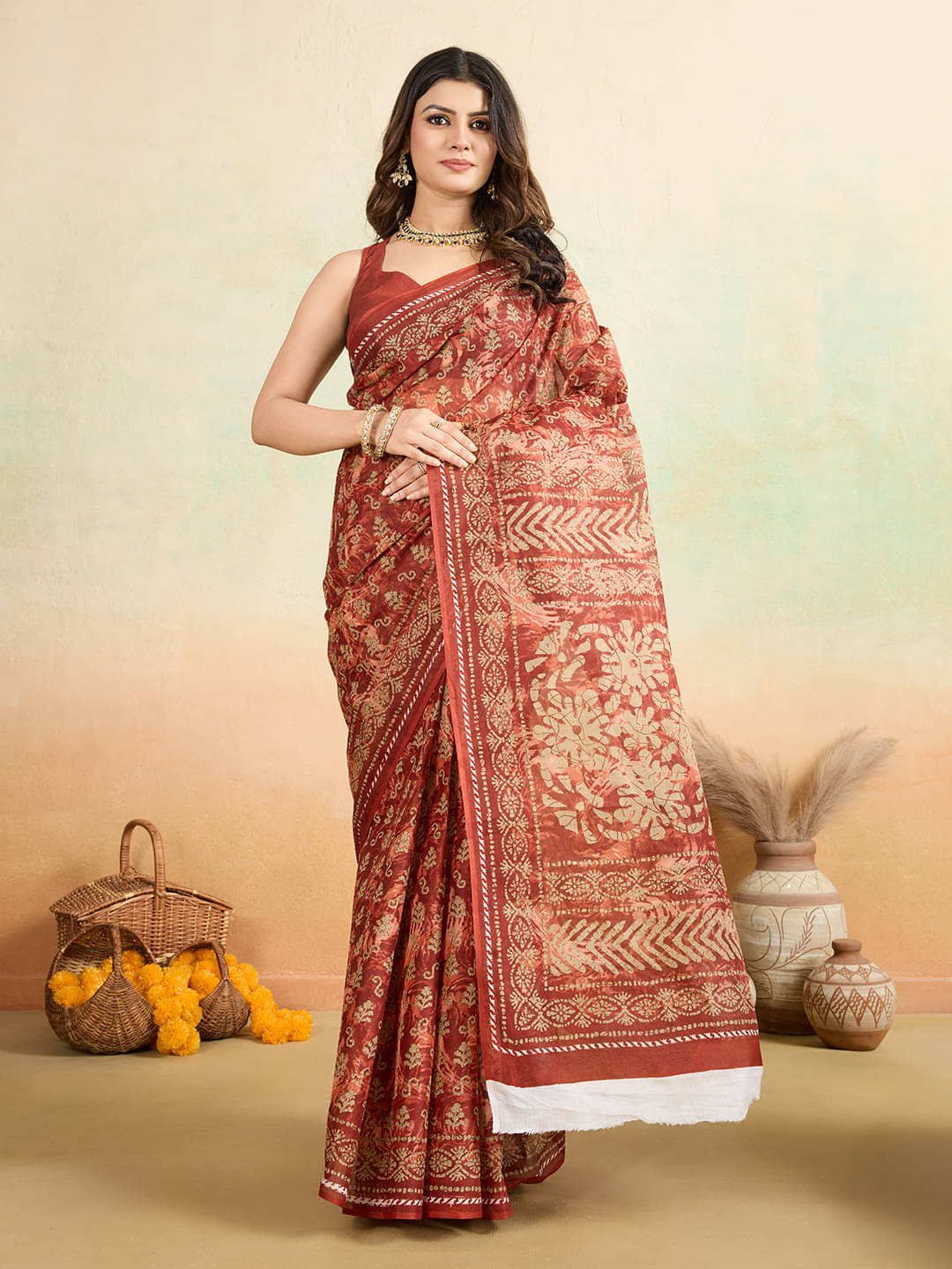 SHANVIKA Cotton Printed Saree Without Blouse Piece ( Rust ) SHANVIKA Cotton Printed Saree Without Blouse Piece ( Rust )