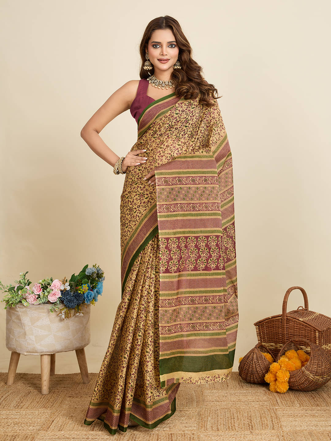     			SHANVIKA Cotton Printed Saree Without Blouse Piece ( Beige )