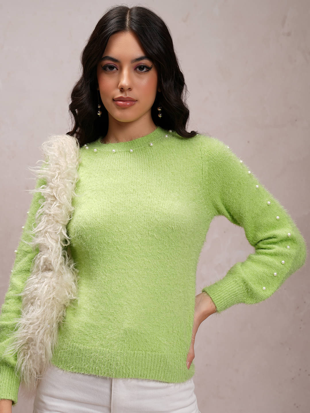 Tokyo Talkies Acrylic Regular Collar Women's Pullovers - Green ( ) Tokyo Talkies Acrylic Regular Collar Women's Pullovers - Green ( )