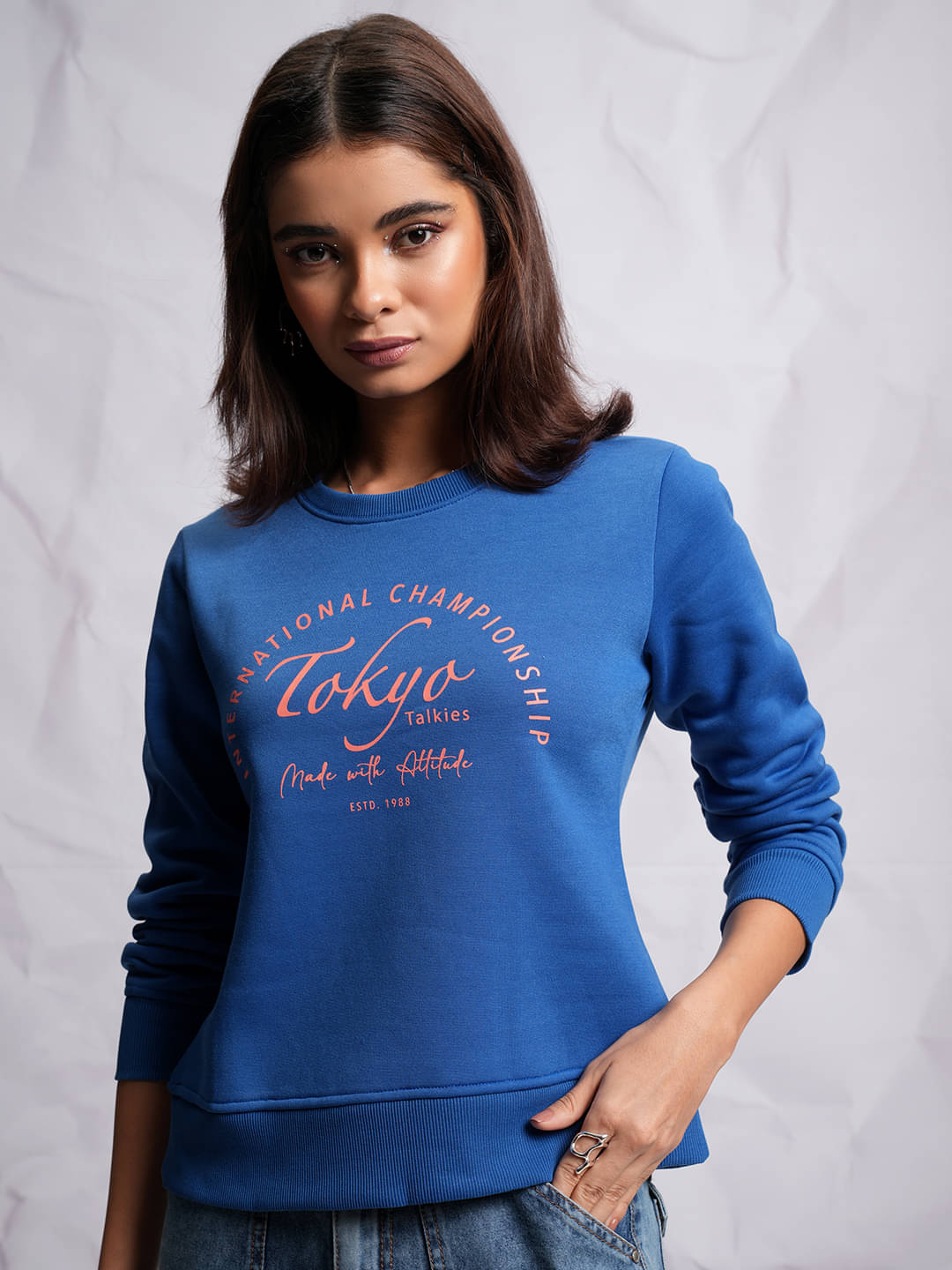 Tokyo Talkies Polyester Women's Non Hooded Sweatshirt ( Blue ) Tokyo Talkies Polyester Women's Non Hooded Sweatshirt ( Blue )
