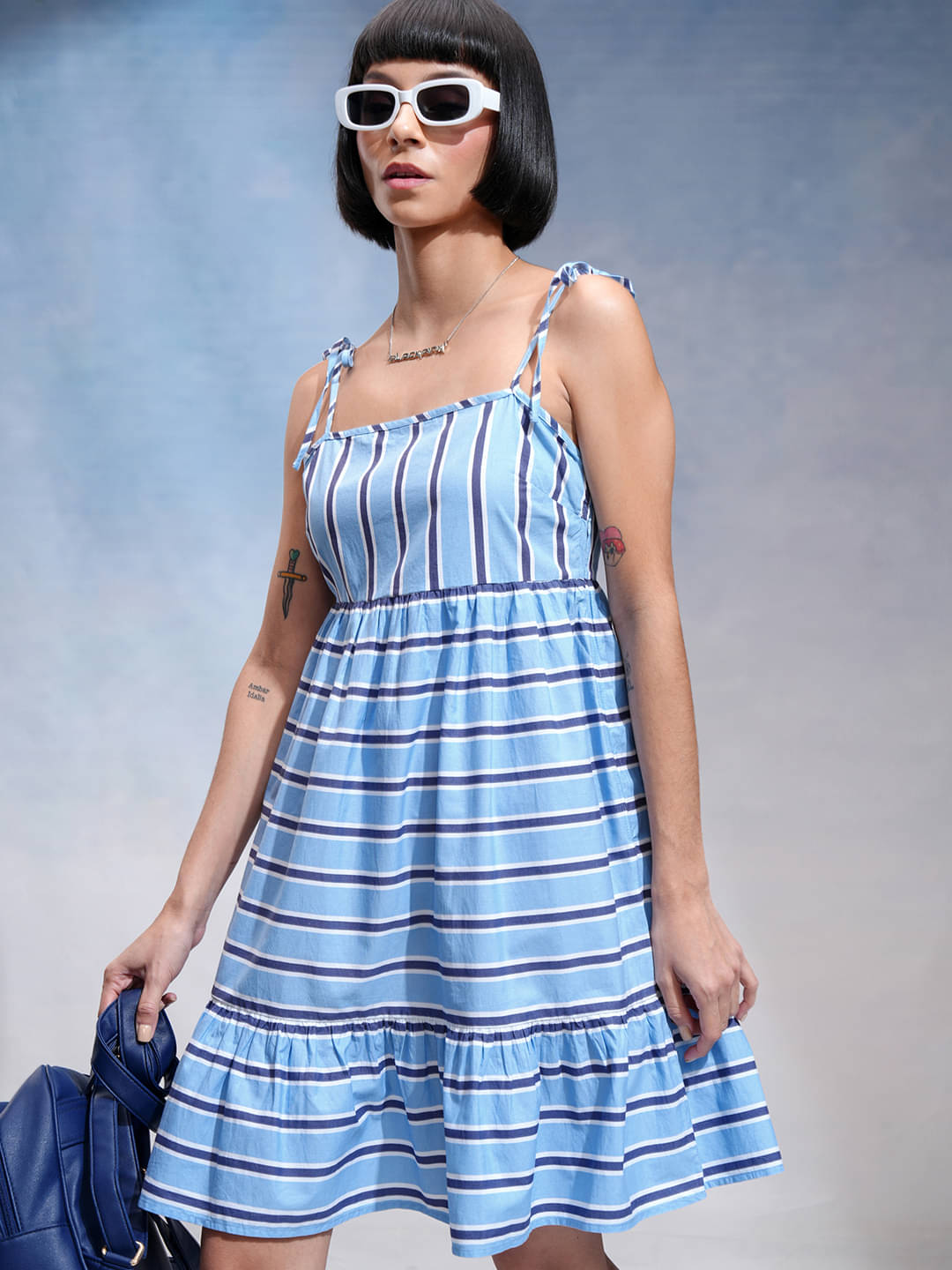     			Tokyo Talkies Women Cotton Striped A-line Dress ( Blue )
