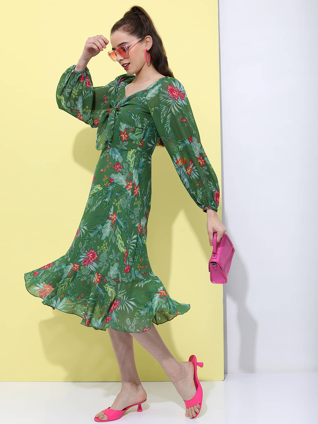     			Tokyo Talkies Women Polyester Blend Printed A-line Dress ( Green )