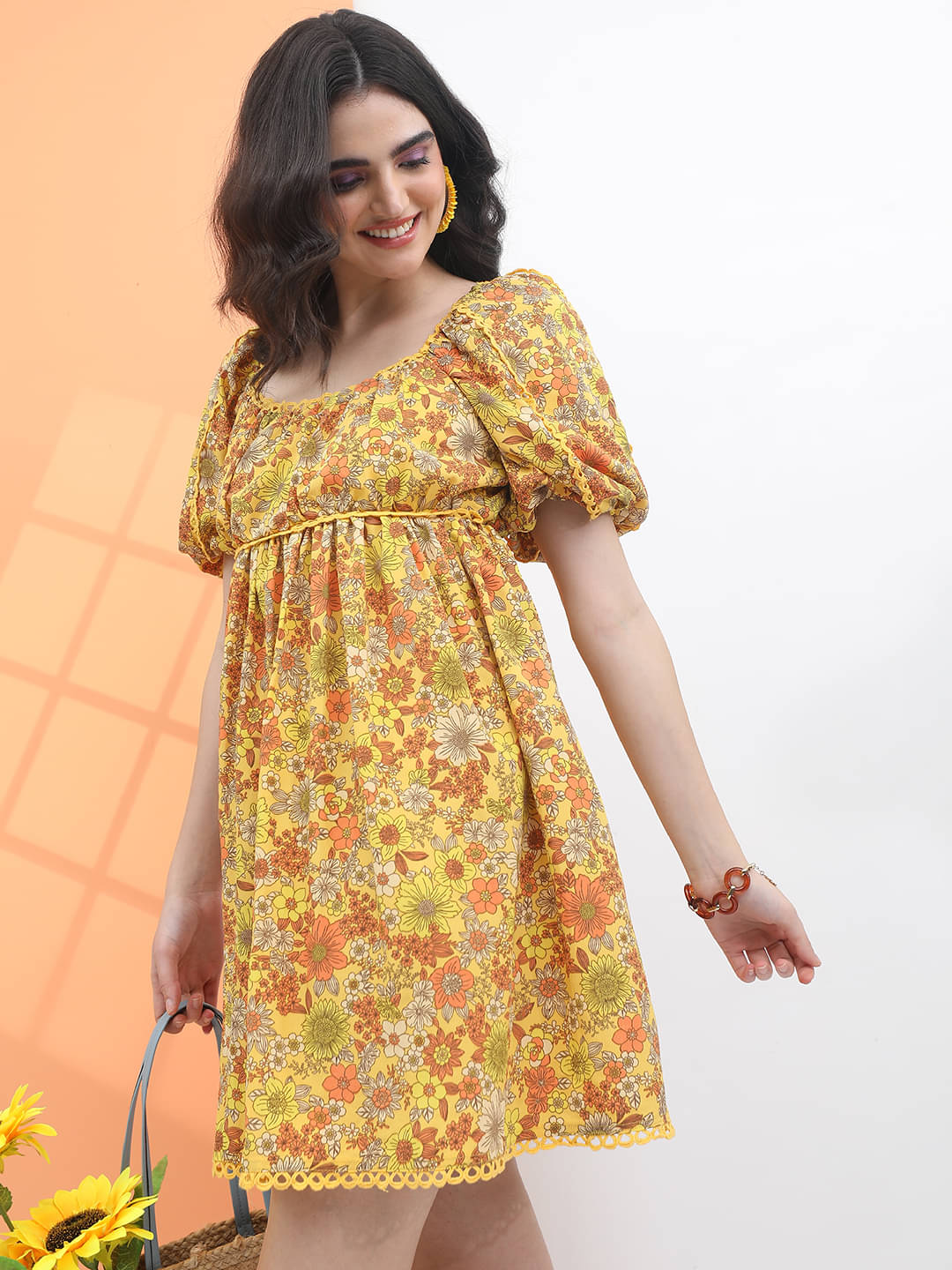     			Tokyo Talkies Women Polyester Printed Fit & Flare Dress ( Yellow )
