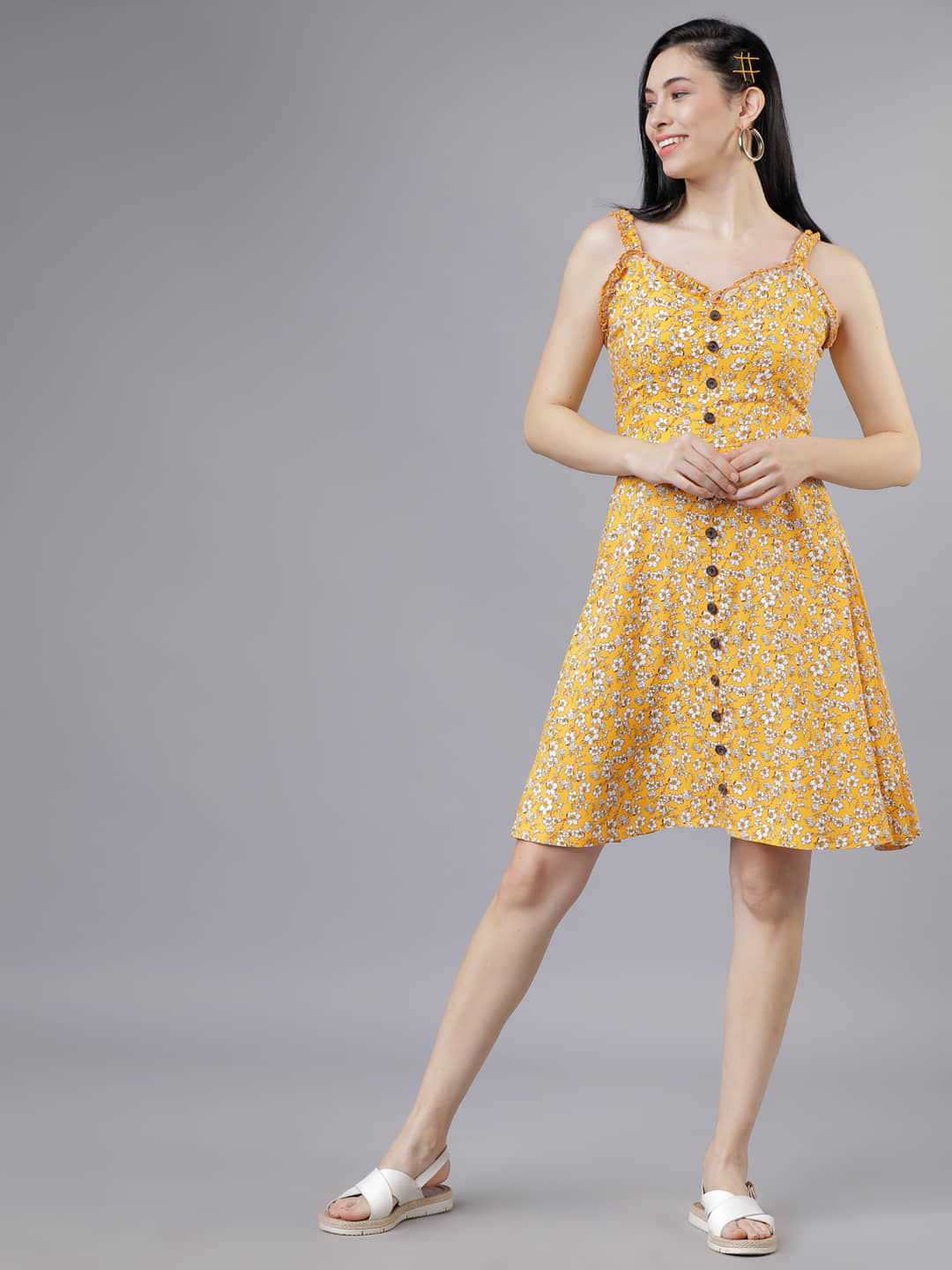 Tokyo Talkies Women Viscose Printed Fit & Flare Dress ( Yellow )
