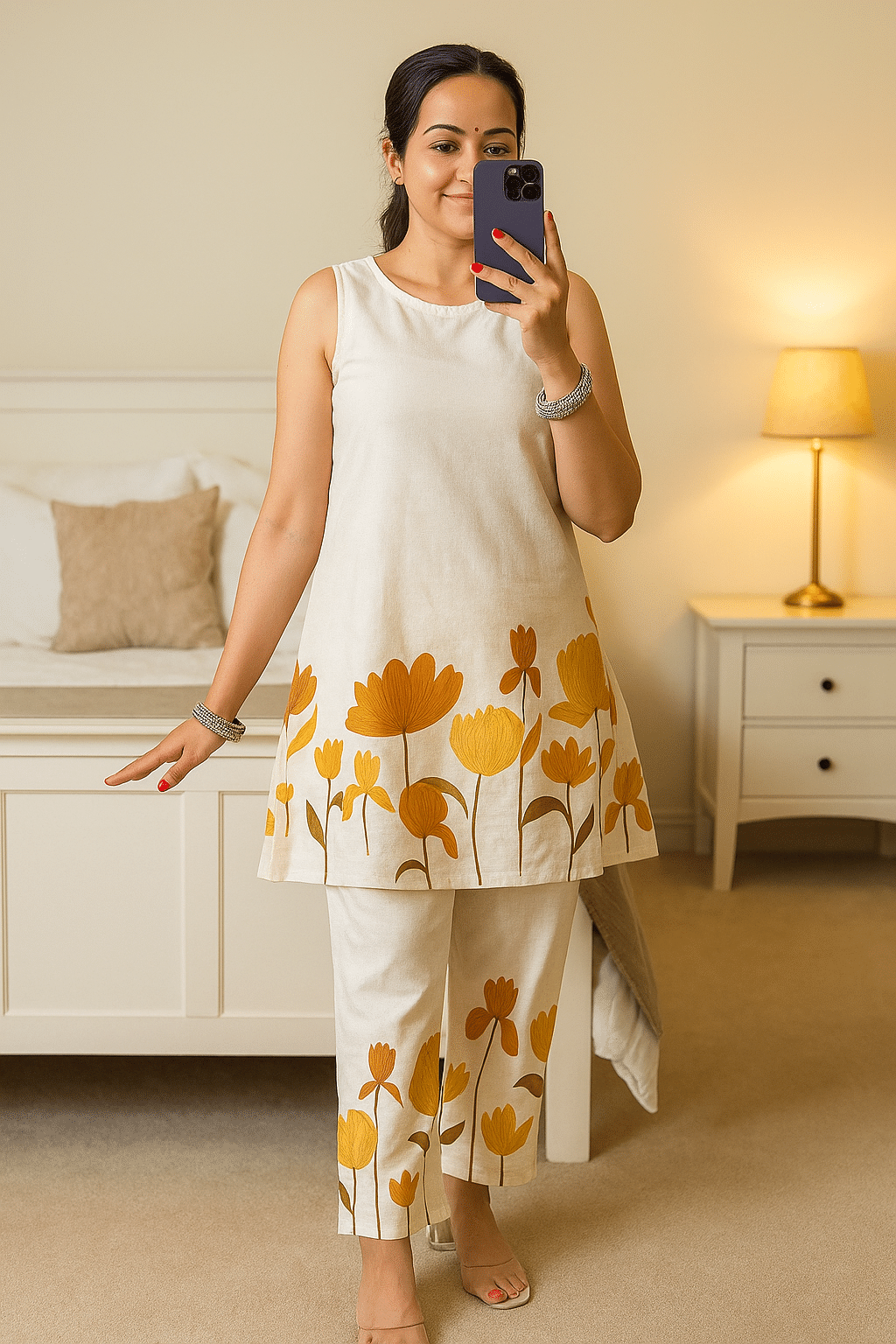 VISHWAS ENTERPRISE Women Cotton Blend Colorblock Straight Kurti With Pants ( Off White )     			VISHWAS ENTERPRISE Women Cotton Blend Colorblock Straight Kurti With Pants ( Off White )