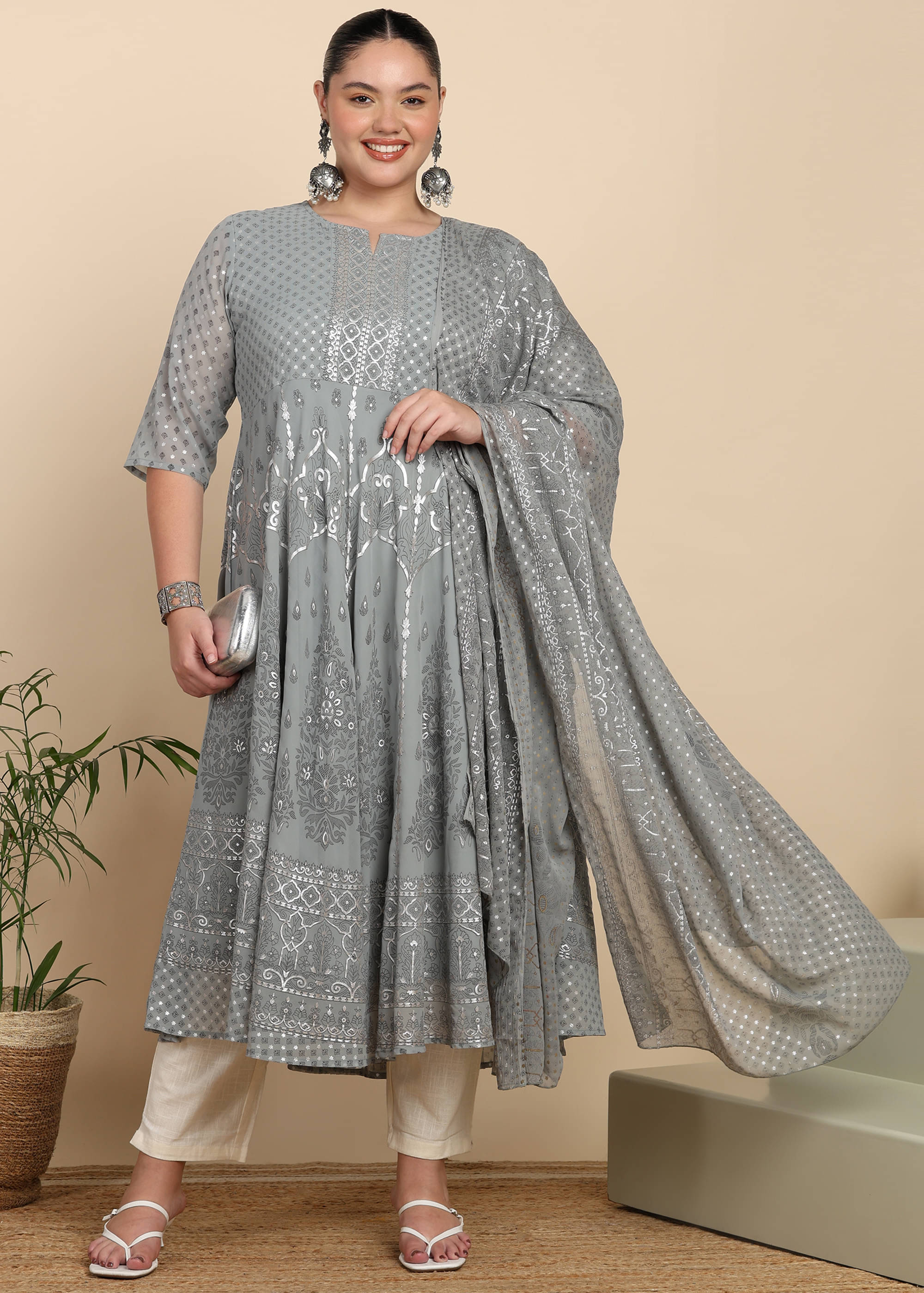     			Yash Gallery Women Polyester Printed Anarkali Kurti with Dupatta ( Grey )
