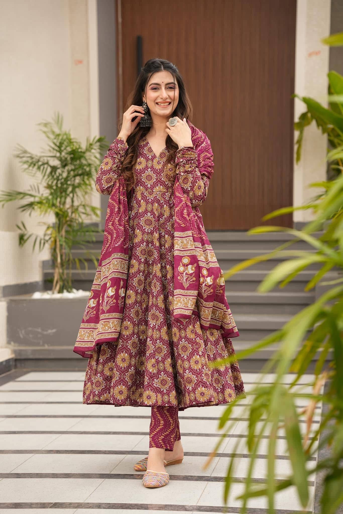 kedar fab Women Rayon Printed Angrakha Kurti With Pants ( Maroon )