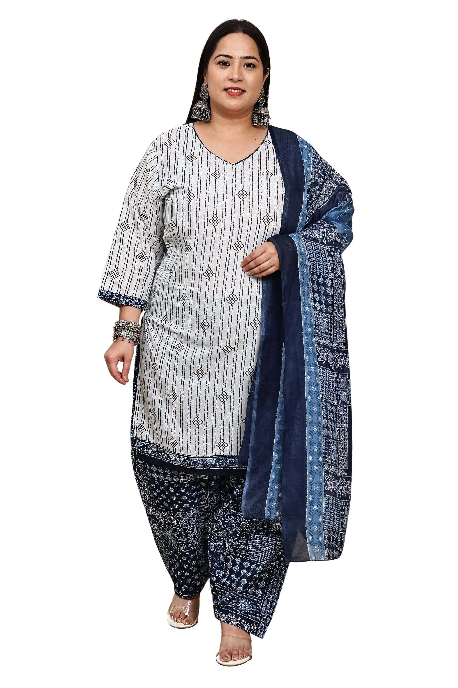     			wonder weave Women Cotton Blend Printed Straight Kurti With Patiala Salwar ( White )