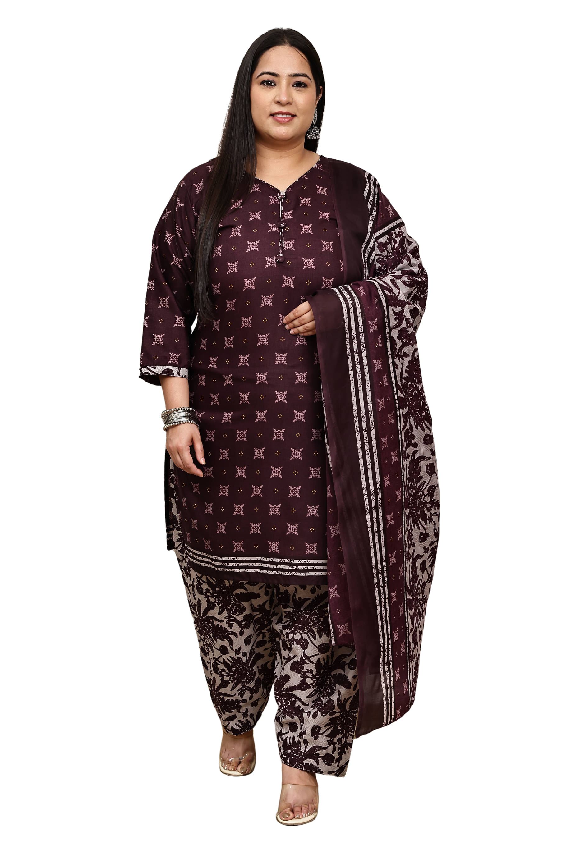     			wonder weave Women Cotton Blend Printed Straight Kurti With Patiala Salwar ( Wine )