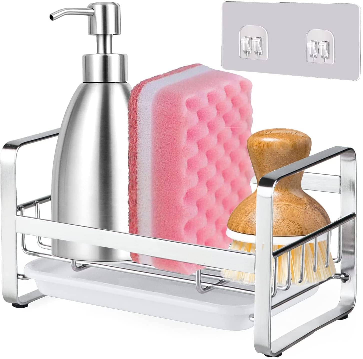     			CASSOWARY Sponge Holder For Kitchen Sink Caddy Organizer Countertops And Walls Soap Tray Dish Drainer With Detachable Dish Drainer Tray (Stainless Steel, Silver)