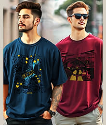 ENITOR Men Cotton Blend Oversized Fit Printed T-Shirt ( Teal Blue )