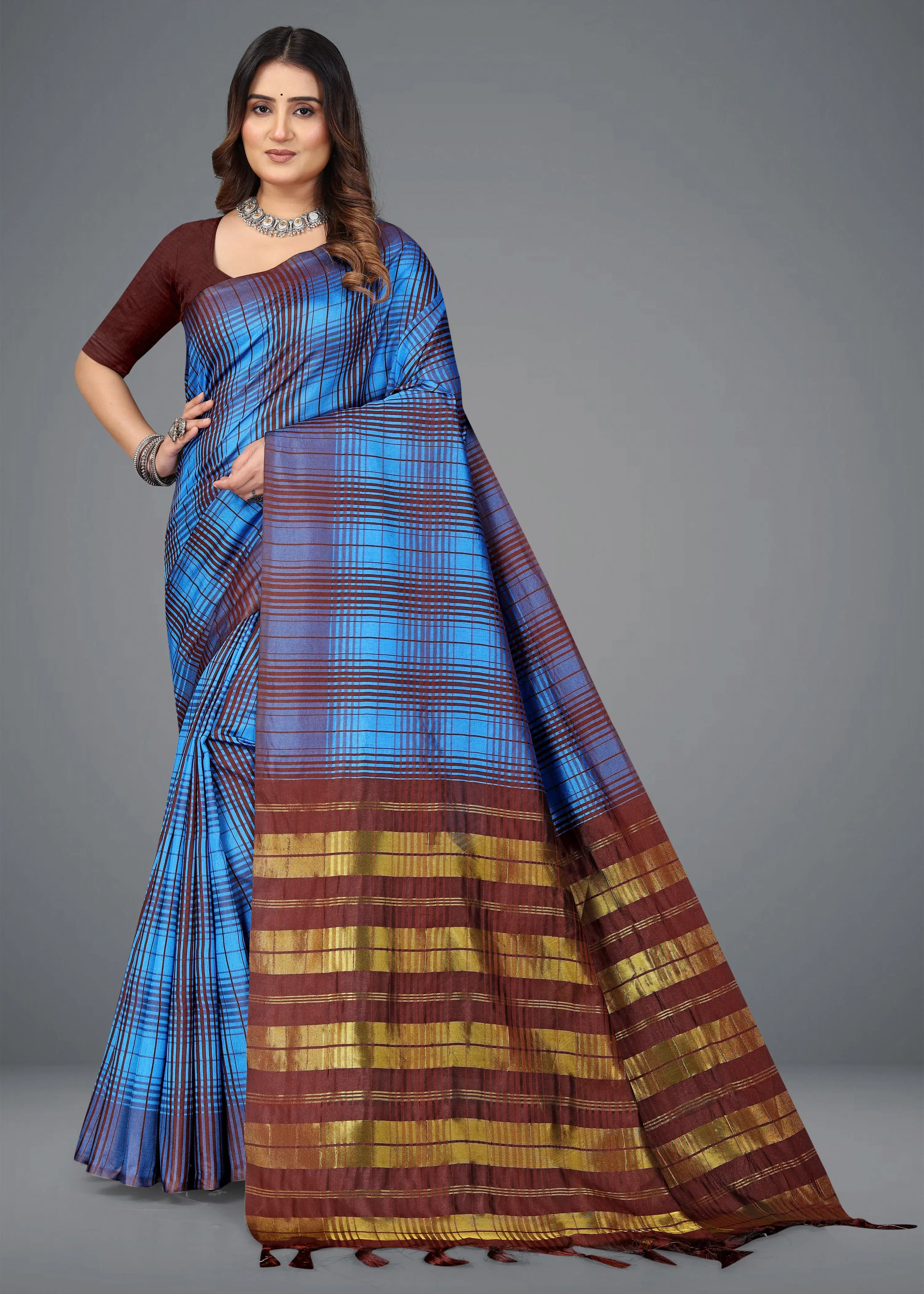     			Priyansh Creation Cotton Blend Checks Saree With Unstitched Blouse Piece ( Multicolor )
