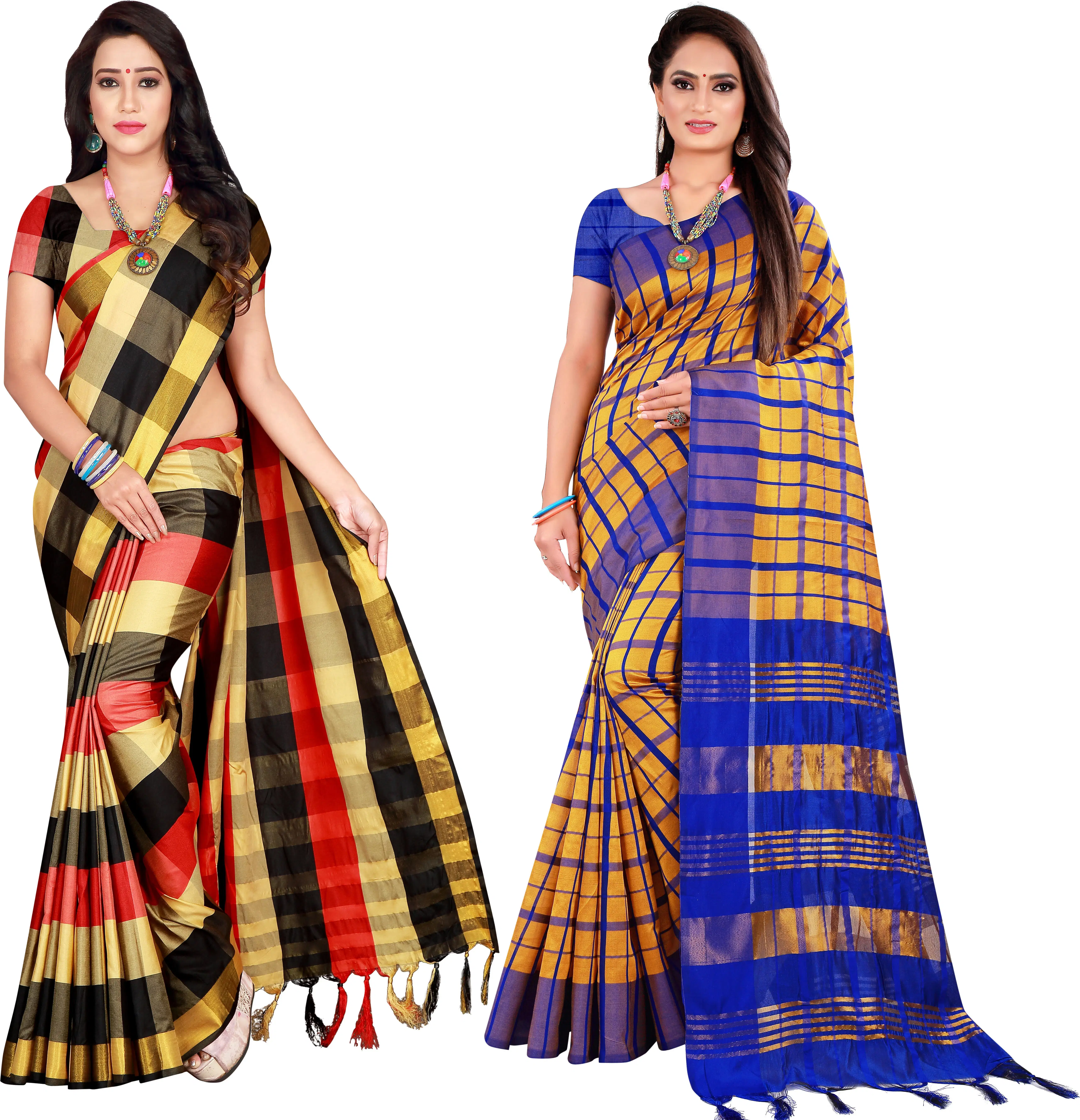    			Priyansh Creation Cotton Silk Checks Saree With Unstitched Blouse Piece ( Multicolor )