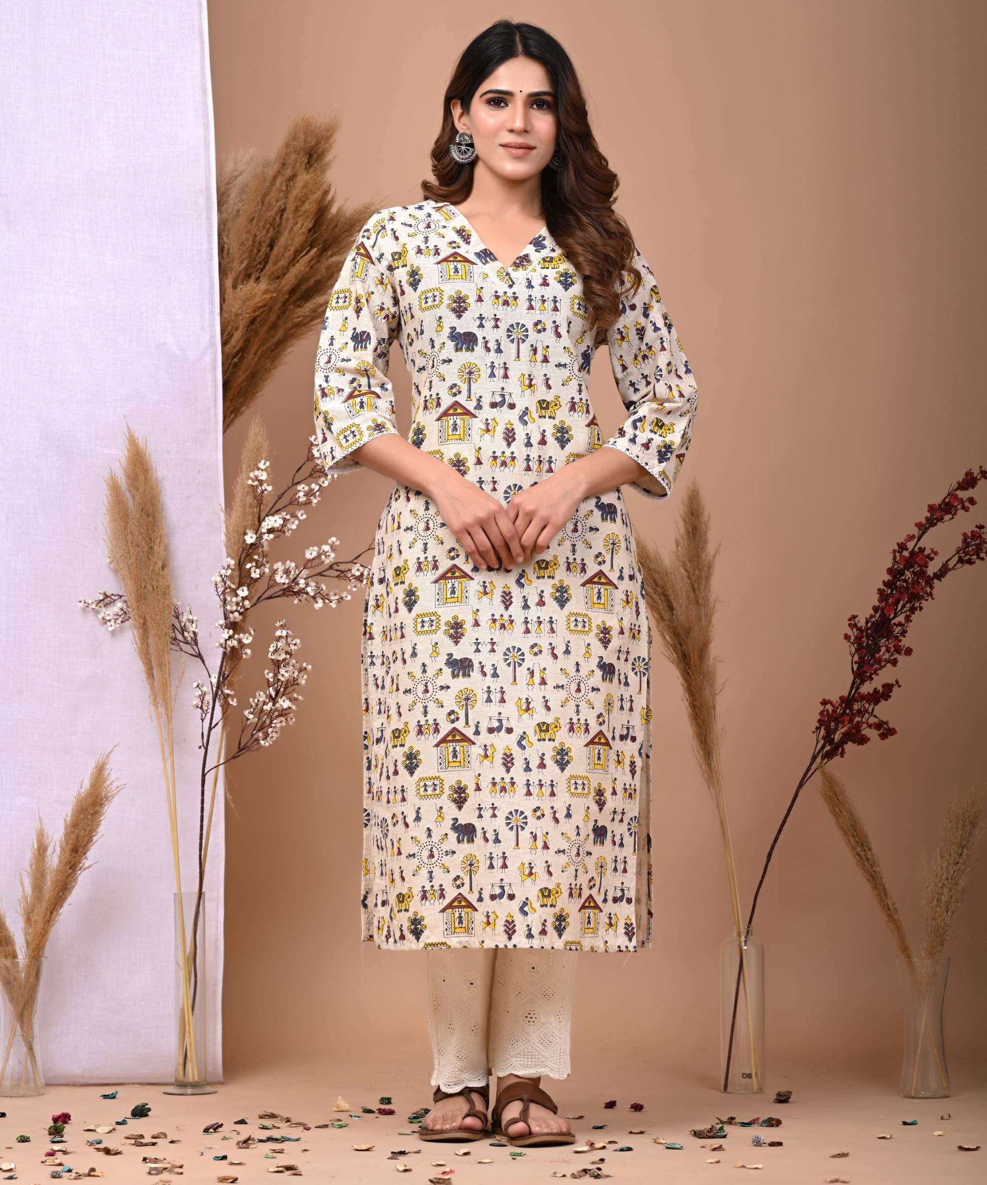 Rimeline Fashion Women Cotton Printed Straight Kurti ( Cream ) Rimeline Fashion Women Cotton Printed Straight Kurti ( Cream )