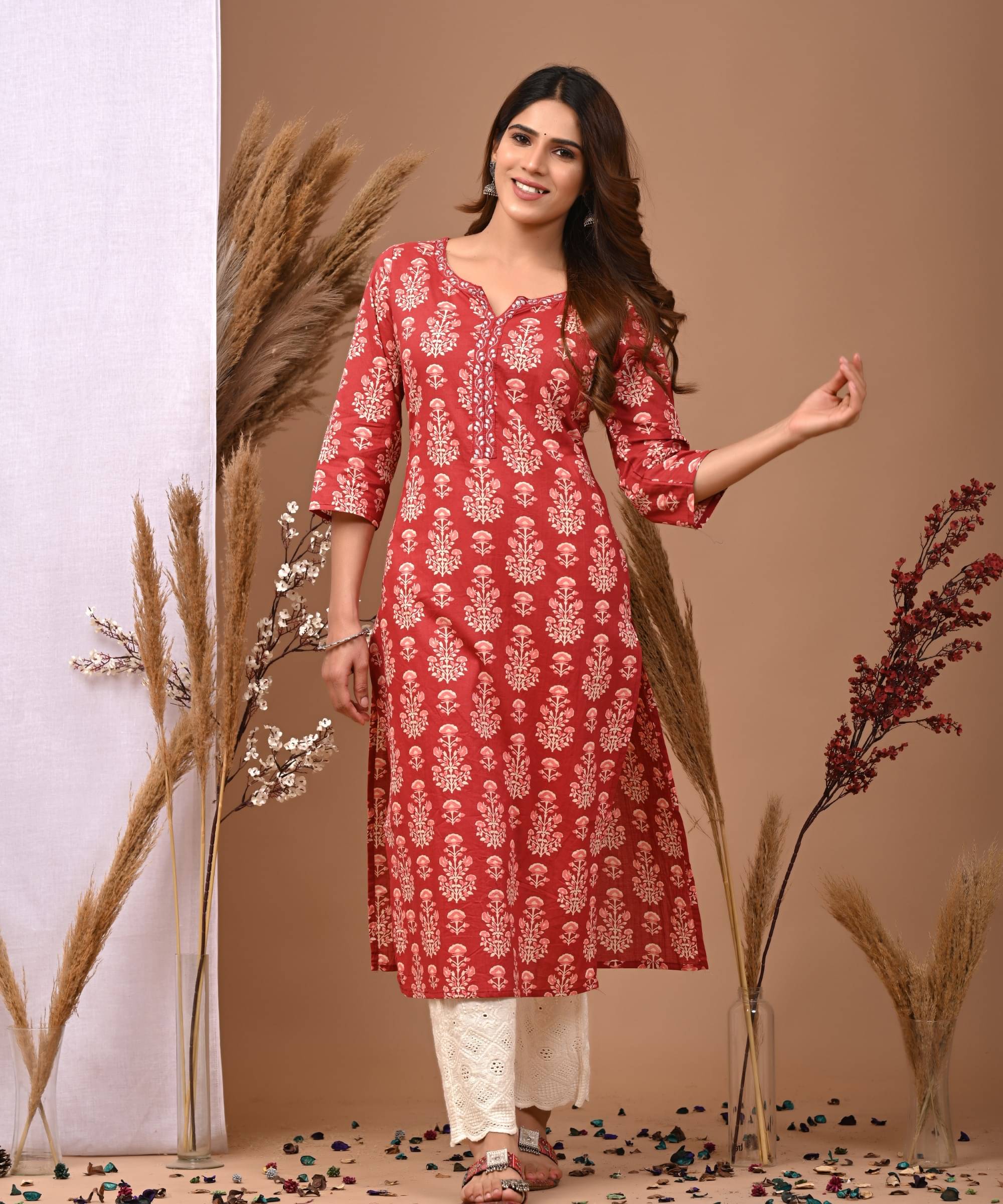     			Rimeline Fashion Women Cotton Printed Straight Kurti ( Maroon )