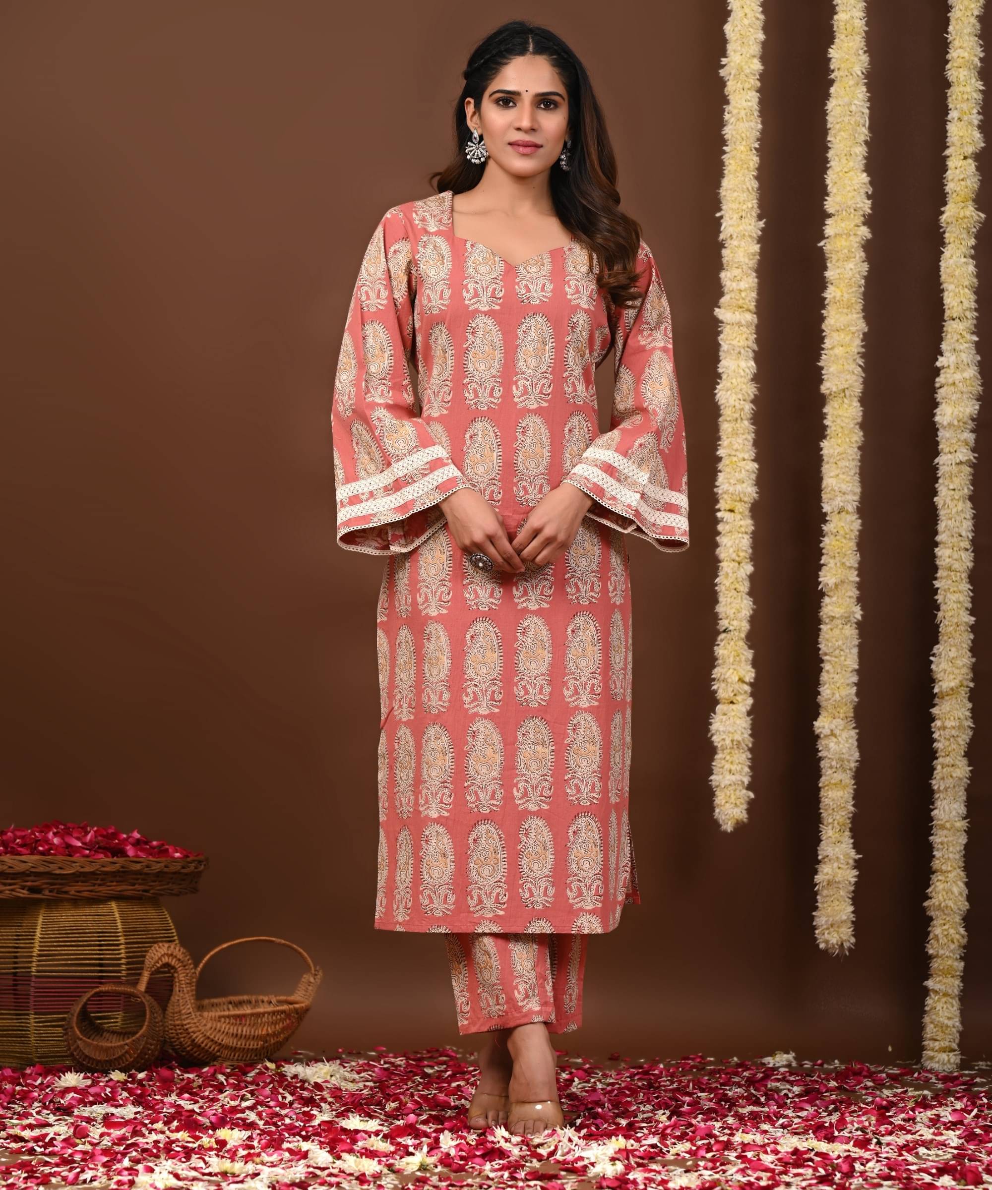 Rimeline Fashion Women Cotton Printed A-Line Kurti With Palazzo ( Peach ) Rimeline Fashion Women Cotton Printed A-Line Kurti With Palazzo ( Peach )