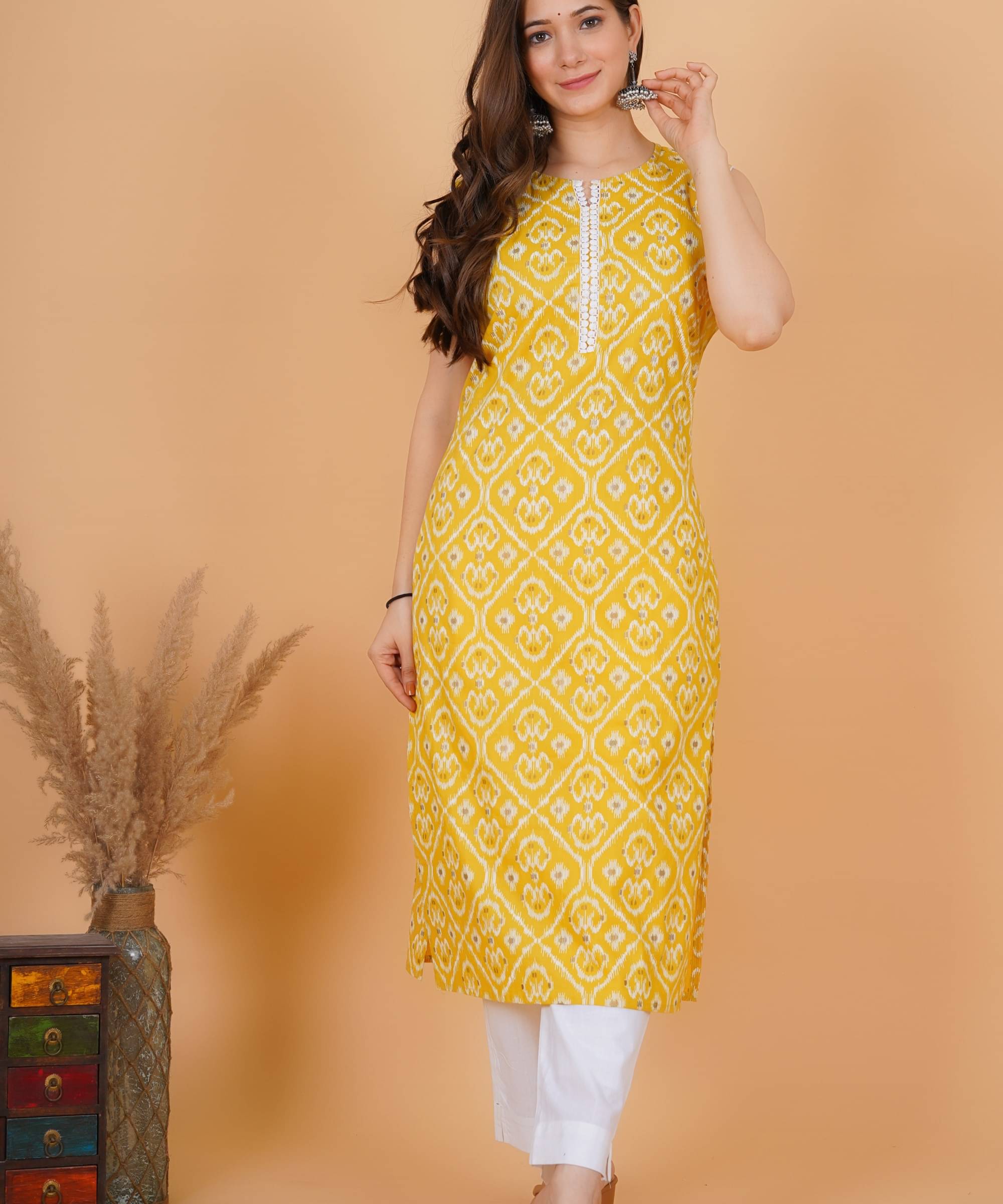     			Rimeline Fashion Women Cotton Printed Straight Kurti ( Yellow )