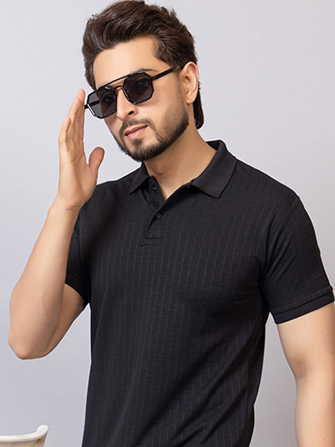 TRIUS Men Polyester Regular Fit Self Design Polo T Shirt ( Black ) TRIUS Men Polyester Regular Fit Self Design Polo T Shirt ( Black )