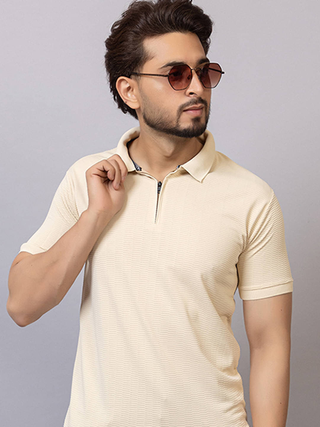     			TRIUS Men Polyester Regular Fit Self Design Polo T Shirt ( Off-White )