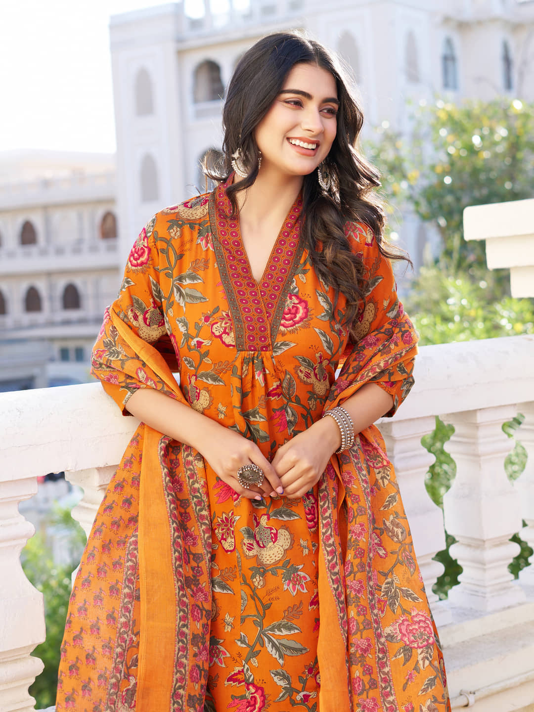YAGNIK FASHION Women Rayon Printed Anarkali Kurti With Palazzo ( Orange )
