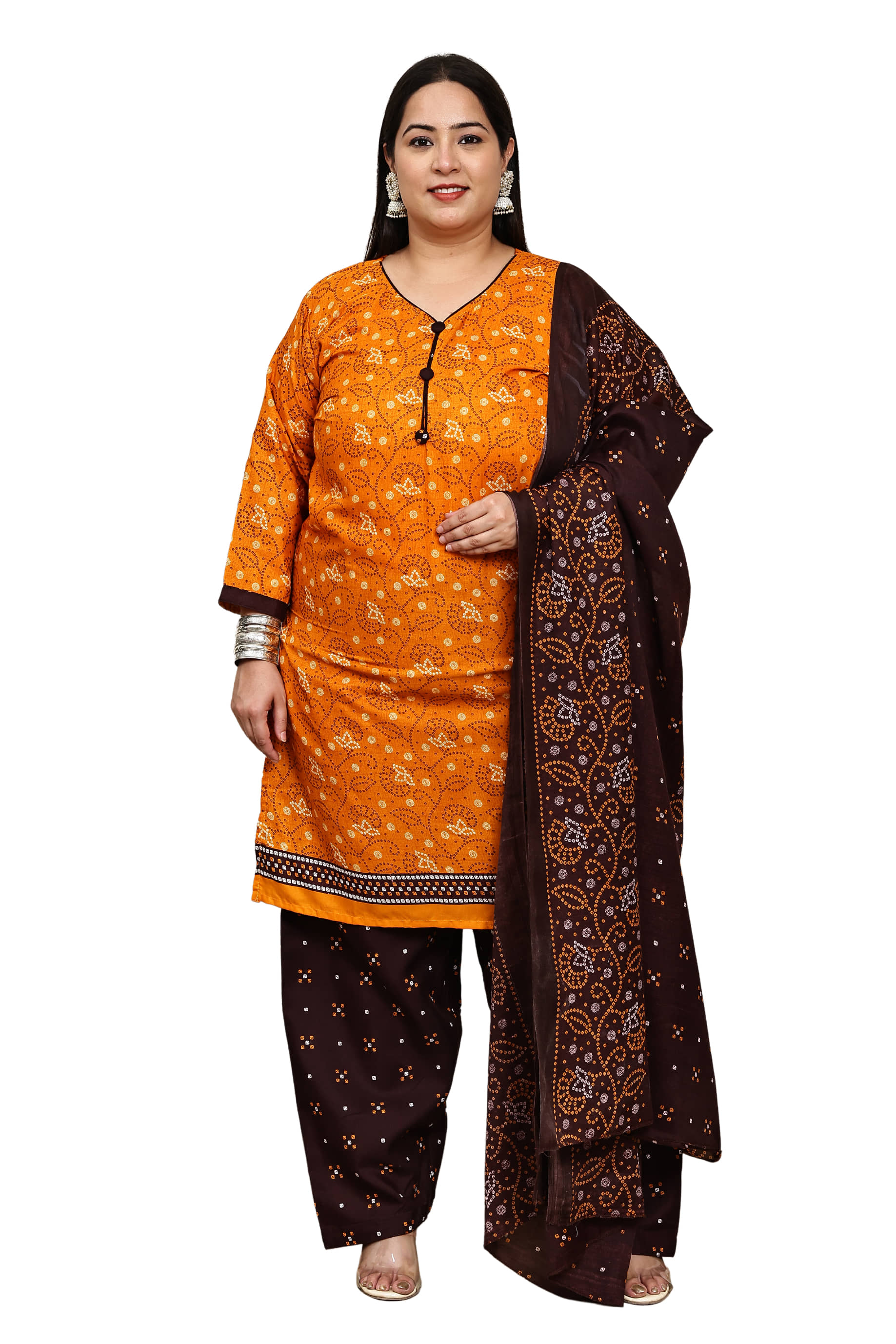 wonder weave Women Cotton Blend Printed Straight Kurti With Patiala Salwar ( Orange )