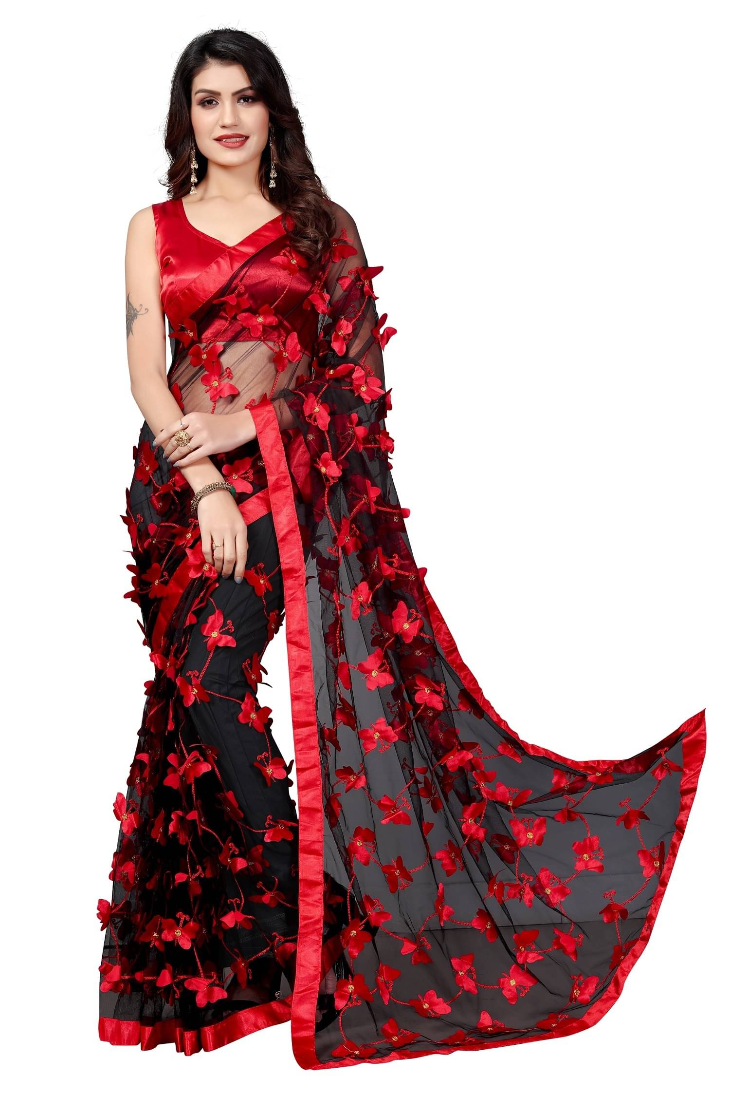     			A TO Z CART Net Embellished Saree With Unstitched Blouse Piece ( Black )