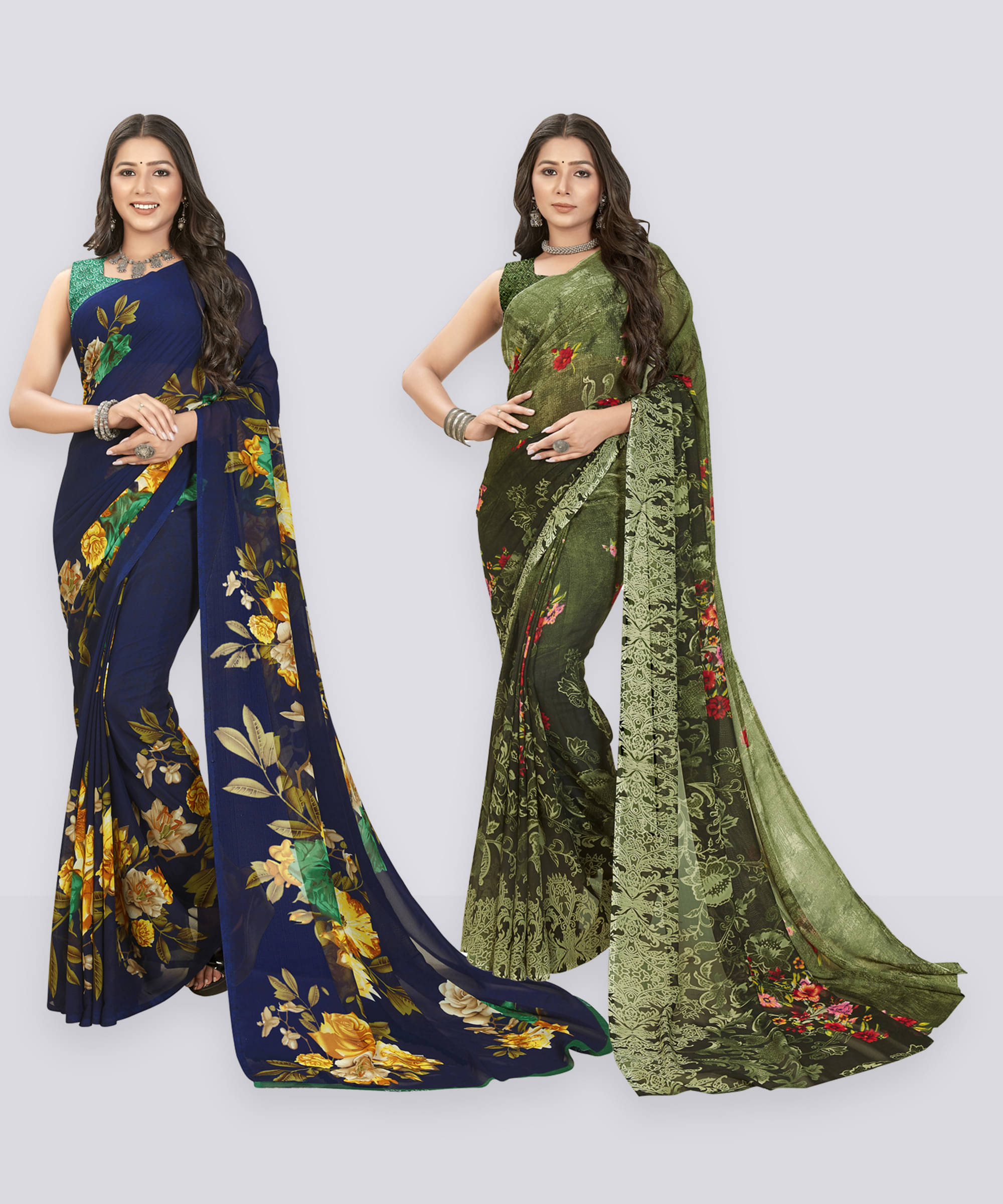 ANAND SAREES Georgette Printed Saree With Unstitched Blouse Piece ( Navy Blue ) ANAND SAREES Georgette Printed Saree With Unstitched Blouse Piece ( Navy Blue )