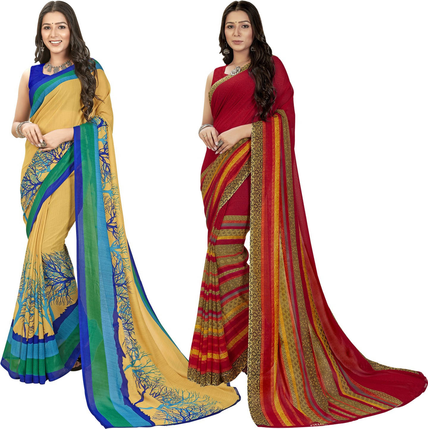     			ANAND SAREES Georgette Striped Saree With Unstitched Blouse Piece ( Red )