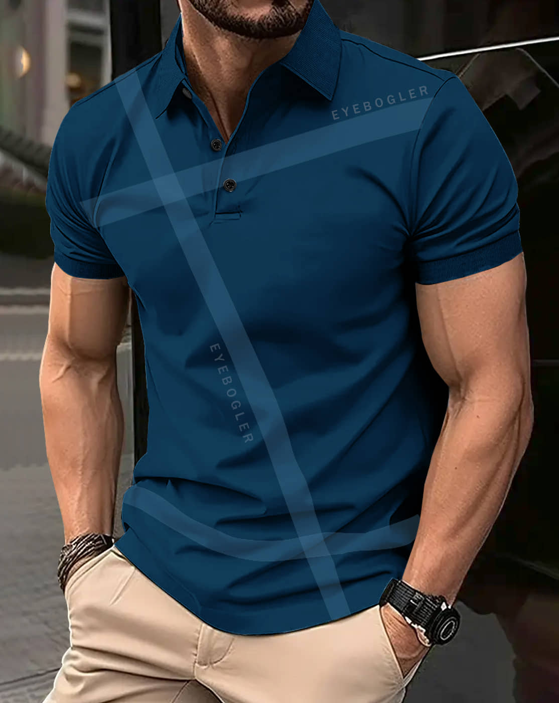 Eyebogler Men Polyester Regular Fit Printed Polo T Shirt ( Blue )