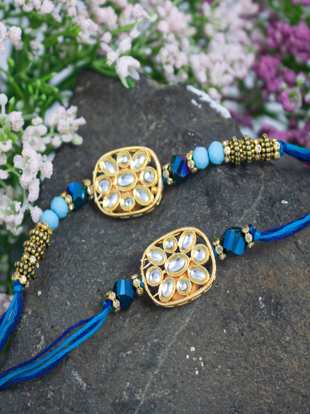     			Handmade Set of 2 Blue Thread and Kundan Beaded Rakhi for Bhaiya with Roli Chawal and Written Greeting Note.