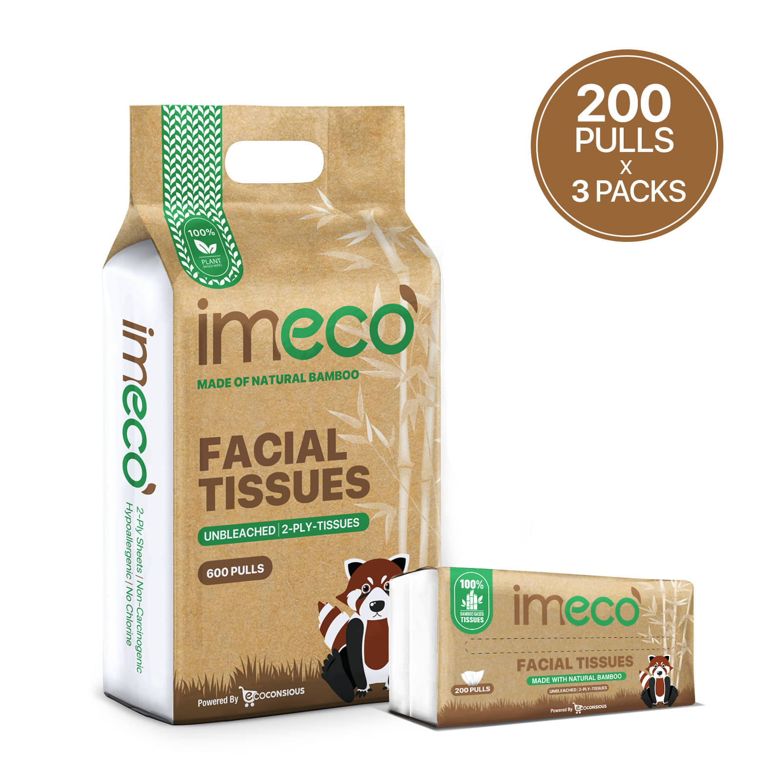     			IMECO IMECO Bamboo Facial Tissue 200 Pulls - Pack of 3 Dry Wipes ( 600 Pcs ) Pack of 3
