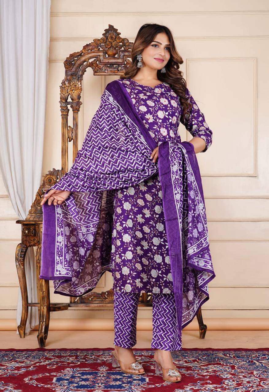 KAMLA ARTS Women Cotton Printed A-line Kurti With Pants ( Purple ) KAMLA ARTS Women Cotton Printed A-line Kurti With Pants ( Purple )