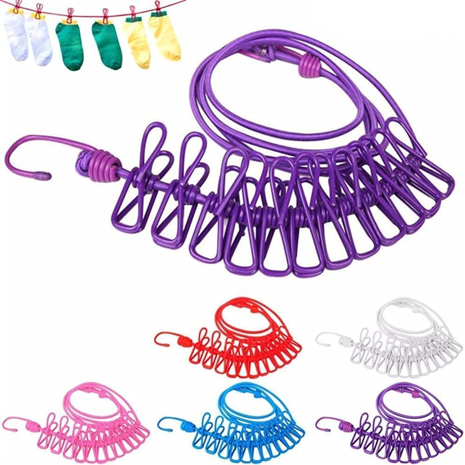     			KRAMOX Cloth Drying Rope with Hooks 1-PCS Elastic Cloth Hanging Rope for Cloth Drying with 12 Clips Cloth Rope for Drying Clothes for Travel Home Outdoor Kapde Sukhane ki Rassi Wire -Multicolor (1)