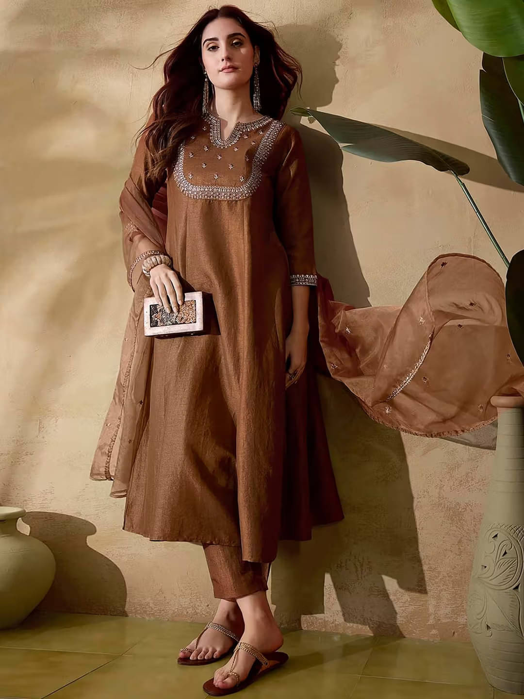     			Krisio Women Silk Blend Embroidered A-line Kurti With Pants ( Brown )