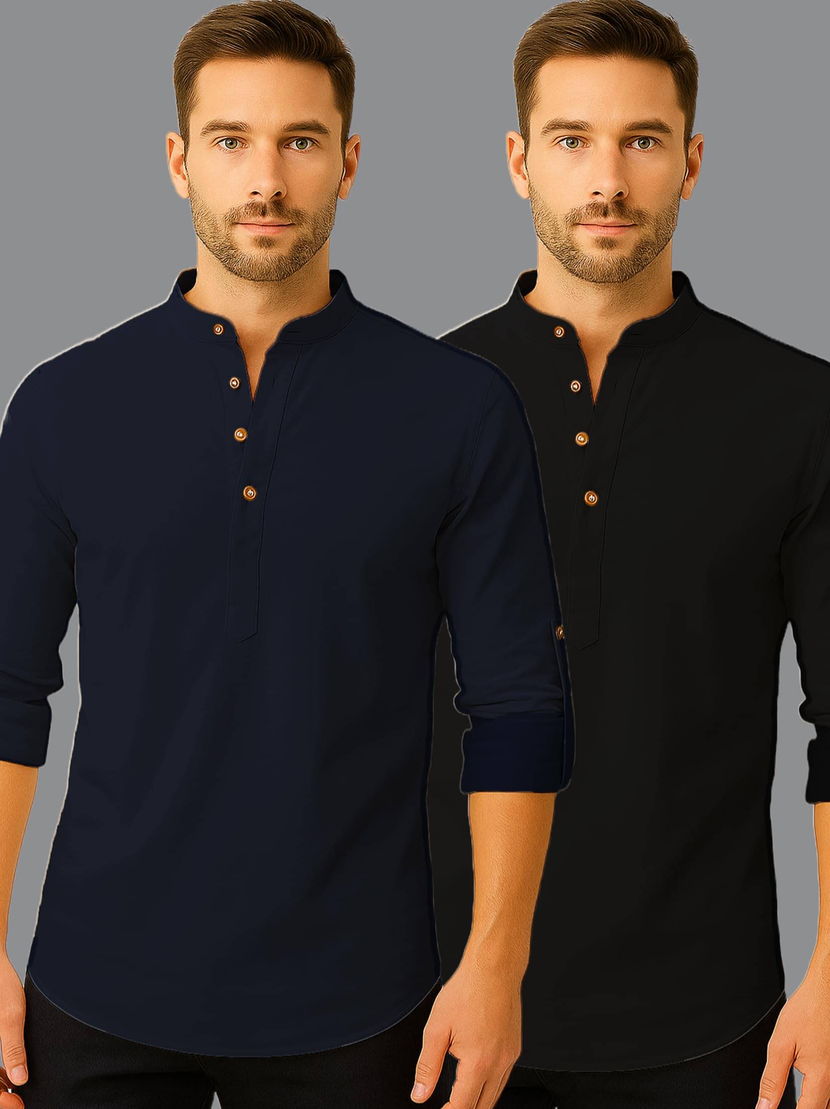     			Navkanj Navy Blue Cotton Blend Men's Shirt Style Kurta ( Pack of 2 )