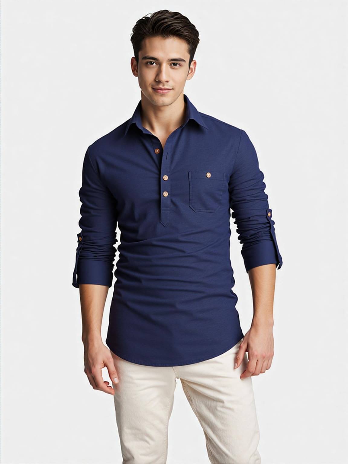     			Navkanj Navy Blue Cotton Blend Men's Shirt Style Kurta ( Pack of 1 )