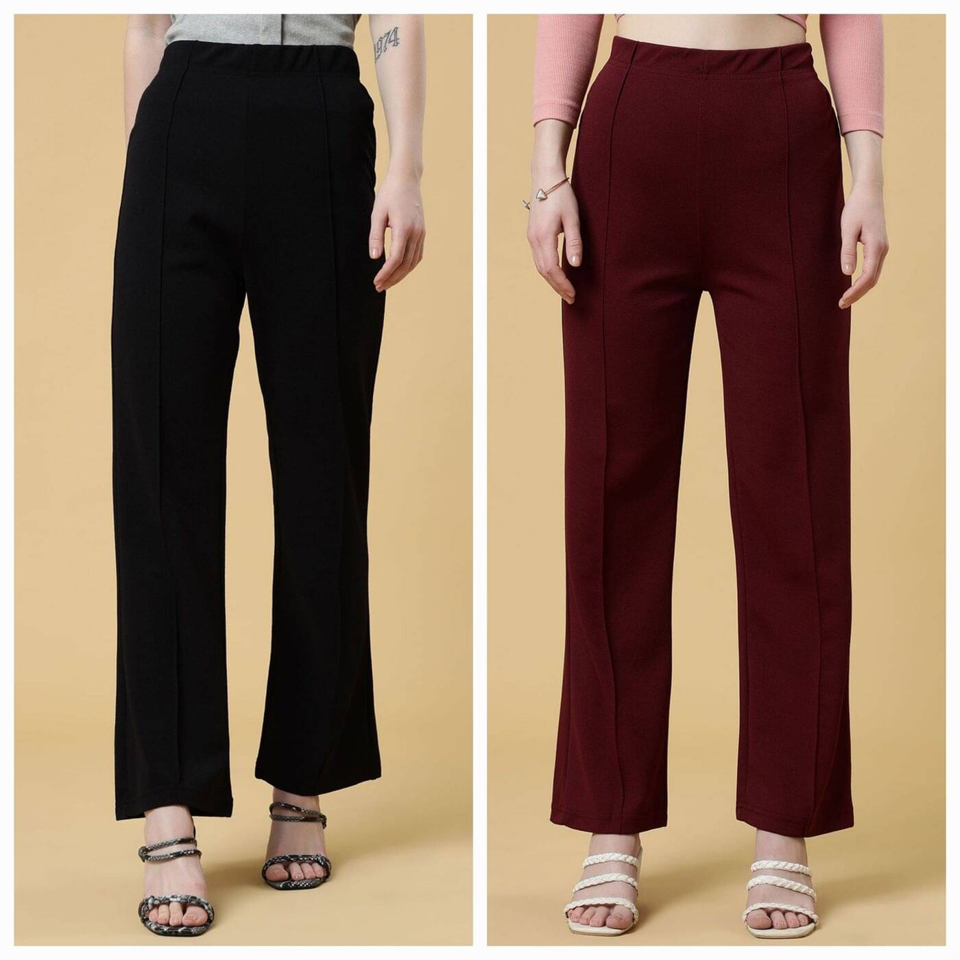     			Qyaas Pack of 2 Lycra Bootcut Women's Formal Pants ( Black,Wine )