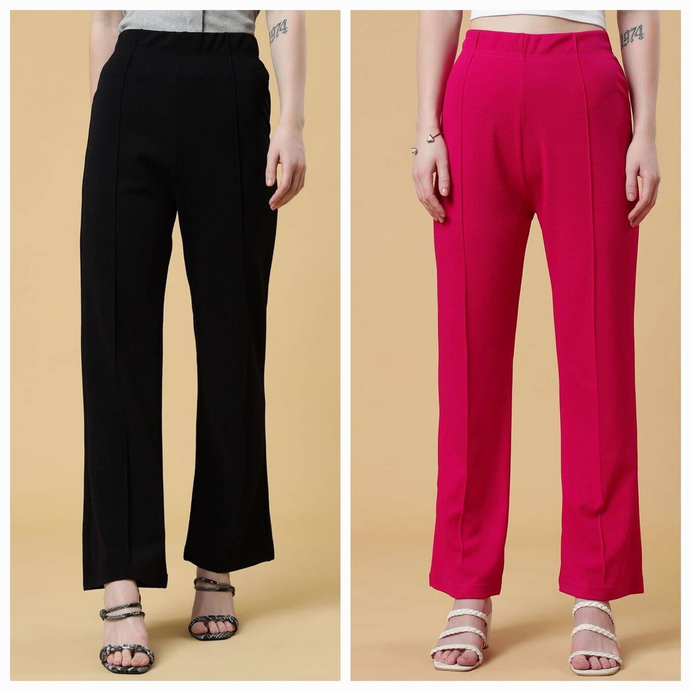     			Qyaas Pack of 2 Lycra Bootcut Women's Formal Pants ( Black,Pink )