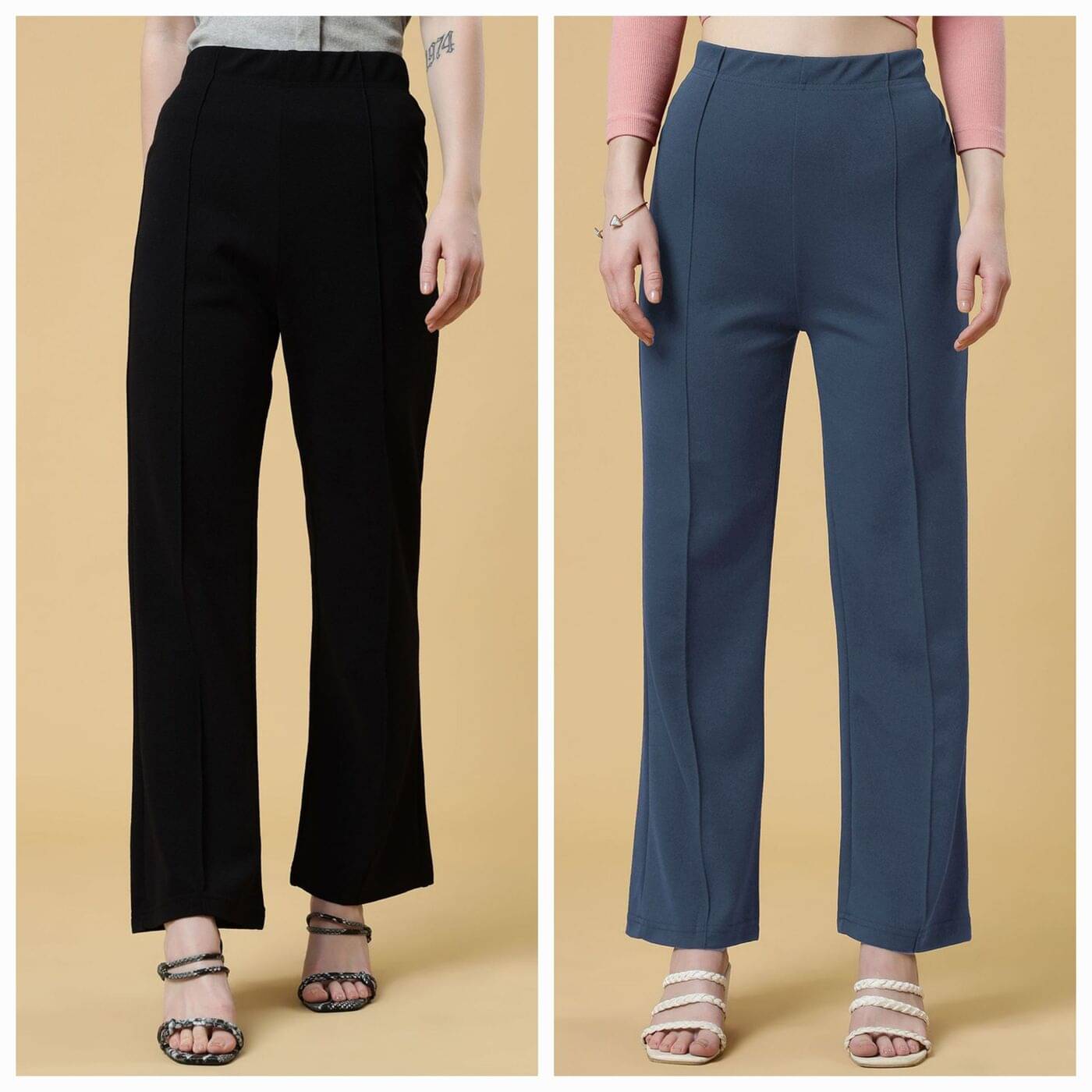     			Qyaas Pack of 2 Lycra Bootcut Women's Formal Pants ( Black,Dark Grey )