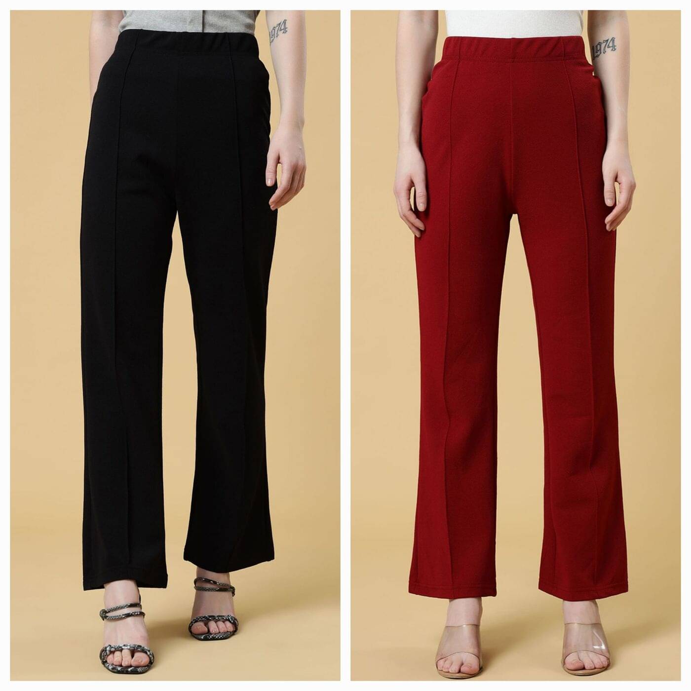     			Qyaas Pack of 2 Lycra Bootcut Women's Formal Pants ( Black,Maroon )