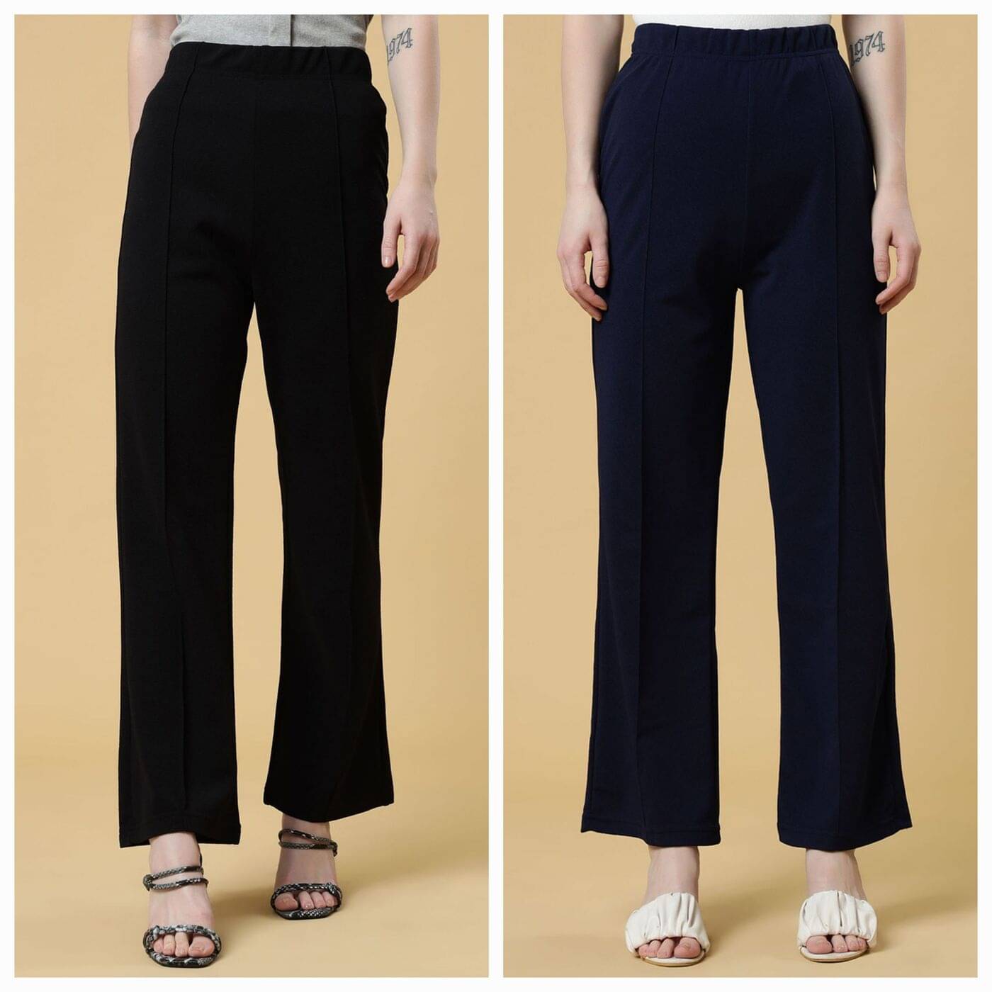     			Qyaas Pack of 2 Lycra Bootcut Women's Formal Pants ( Black,Navy Blue )