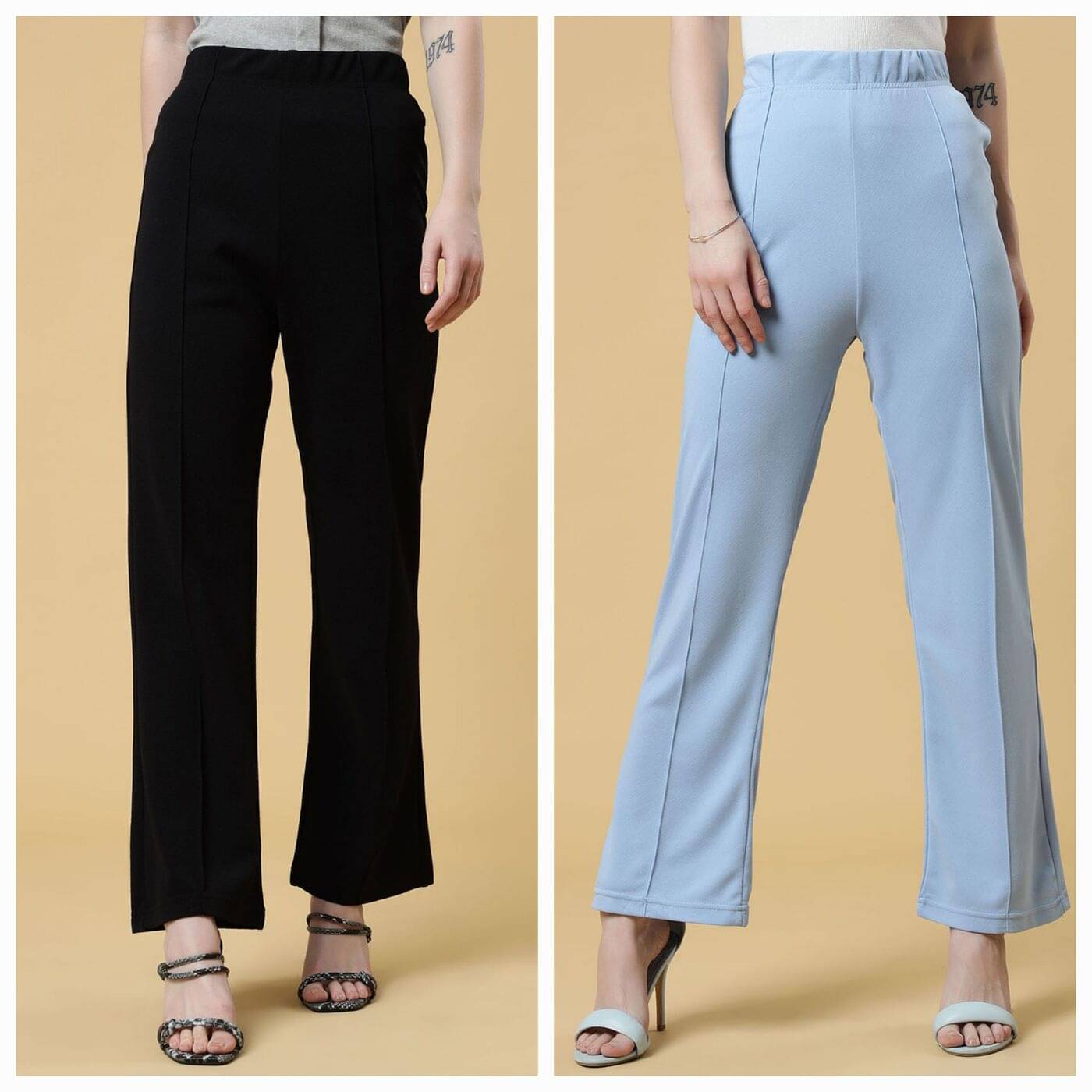     			Qyaas Pack of 2 Lycra Bootcut Women's Formal Pants ( Black,Light Blue )