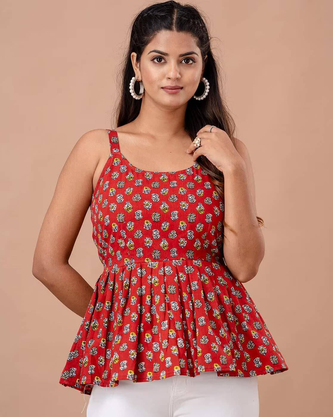 Rangun Women Rayon Printed Flared Kurti ( Red )     			Rangun Women Rayon Printed Flared Kurti ( Red )