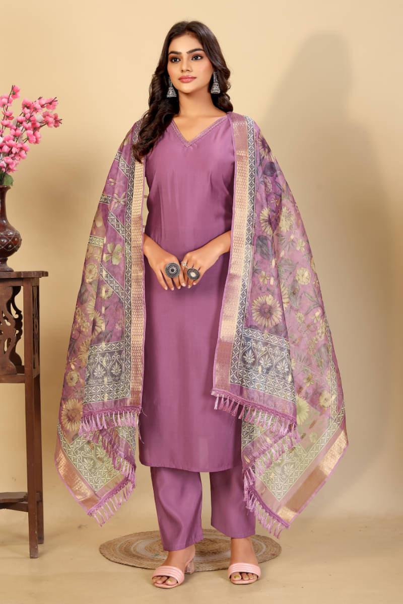     			Sanjana Silks Women Rayon Solid Straight Kurti With Pants ( Lavender )