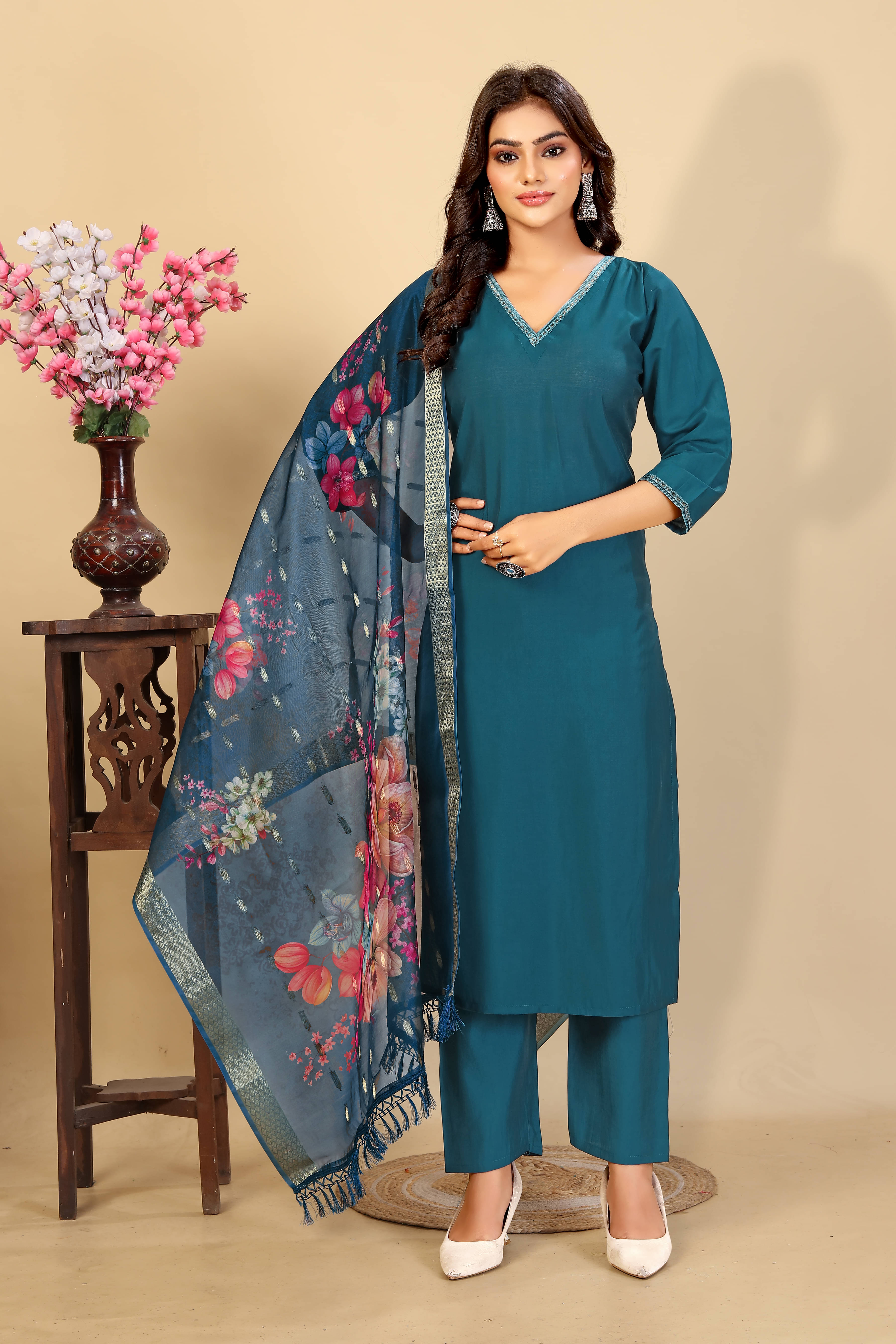     			Sanwariya Silks Women Rayon Solid Straight Kurti With Pants ( Dark Blue )